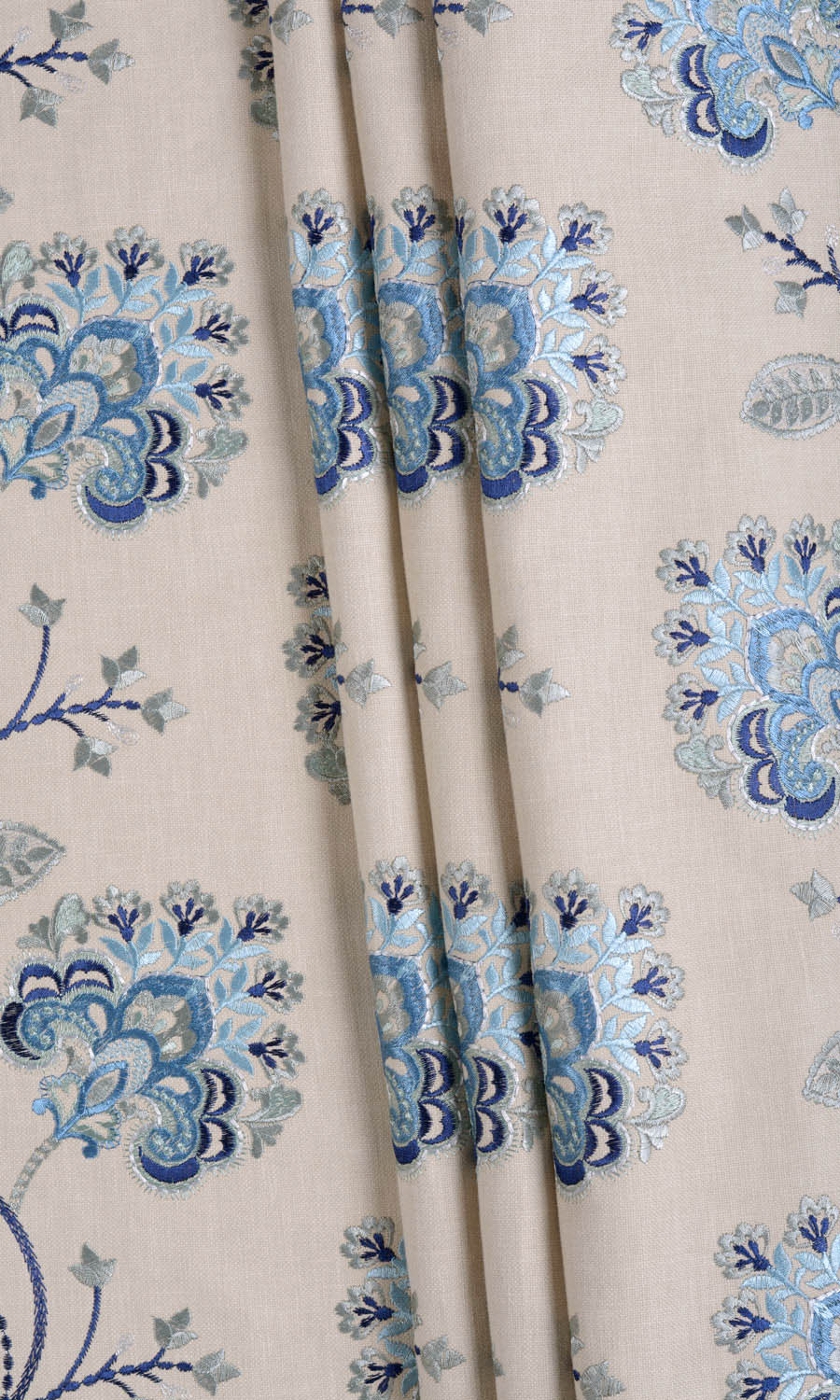 Floral Embroidered Cotton Free Fabric Material Sample (Beige/ Blue)