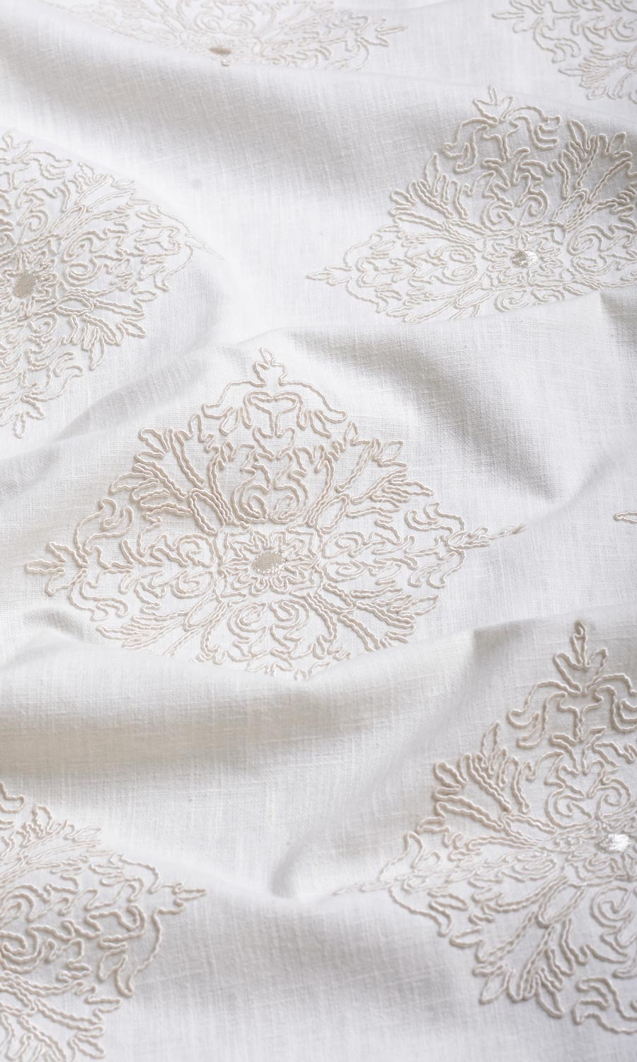 Poly-Linen Embroidered Window Treatments Fabric By the Metre (White/ Cream)