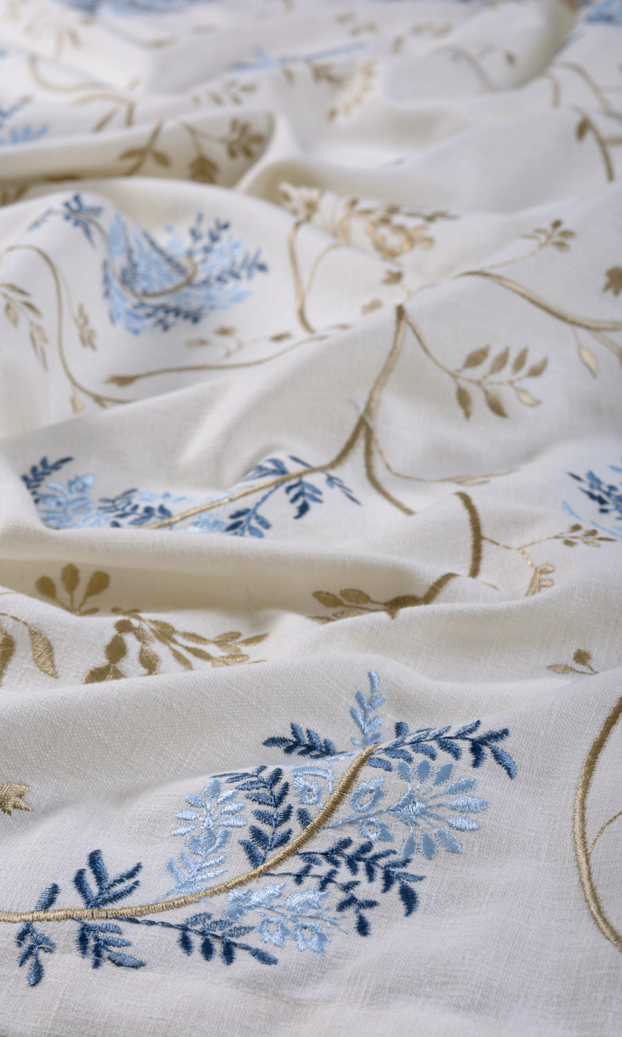 Floral Embroidery Fabric By the Metre for Curtains & Drapes (Brown/ Blue/ White)