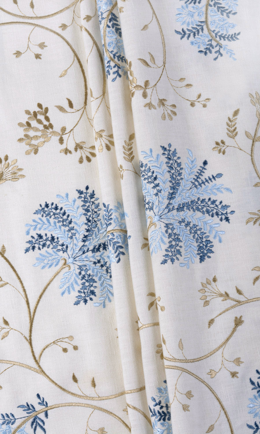 Floral Embroidery Free Fabric Material Sample (Brown/ Blue/ White)