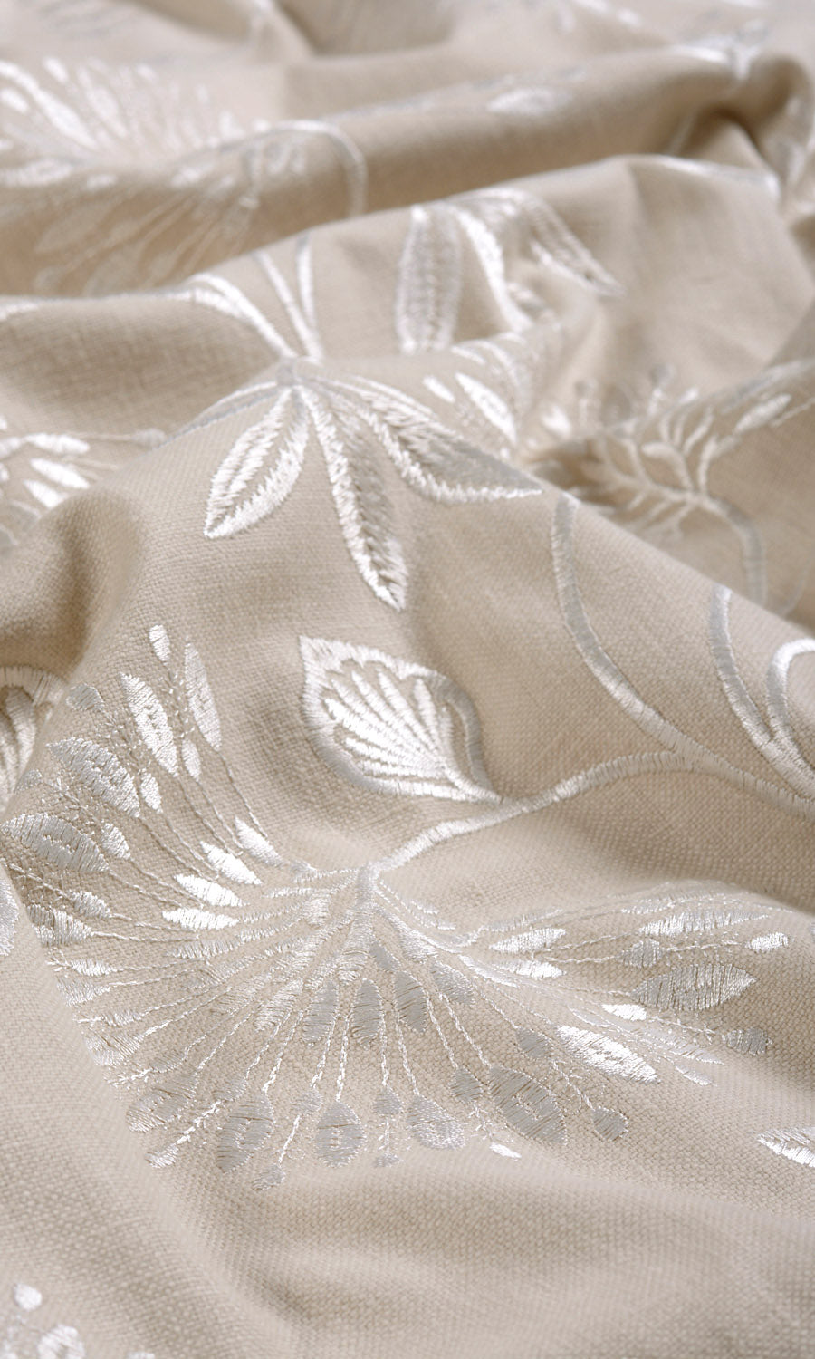 Floral Embroidery Fabric By the Metre for Curtains & Drapes (Beige/ White)