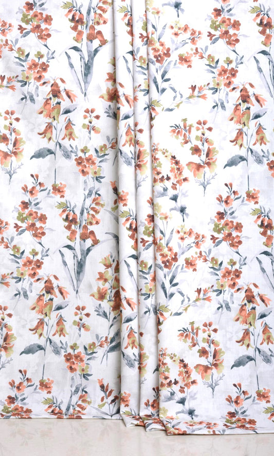 Pencil Pleat Drapes Orange/ Grey Floral Print