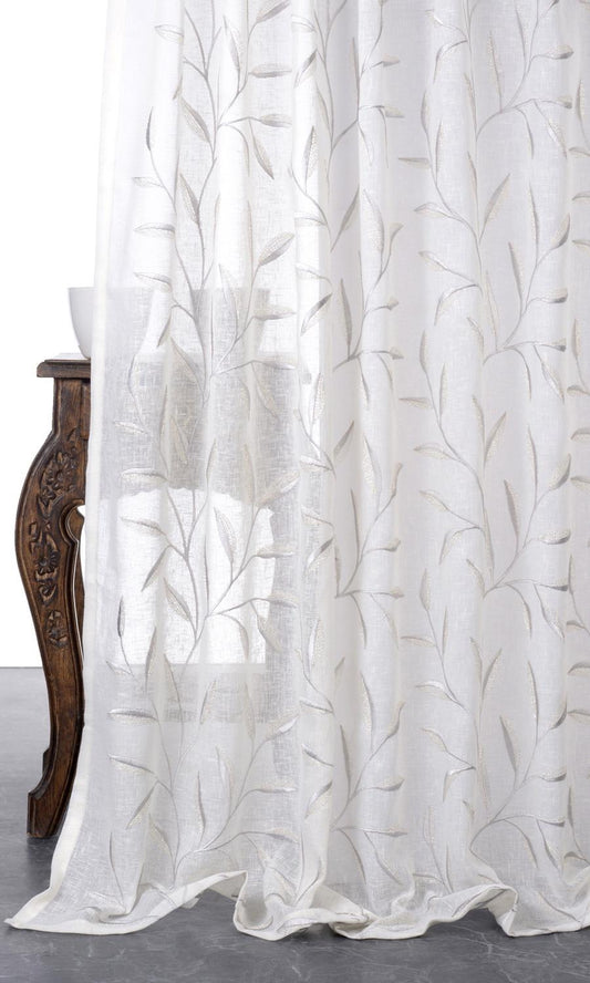 White custom sheer curtains with vine emboidered pattern