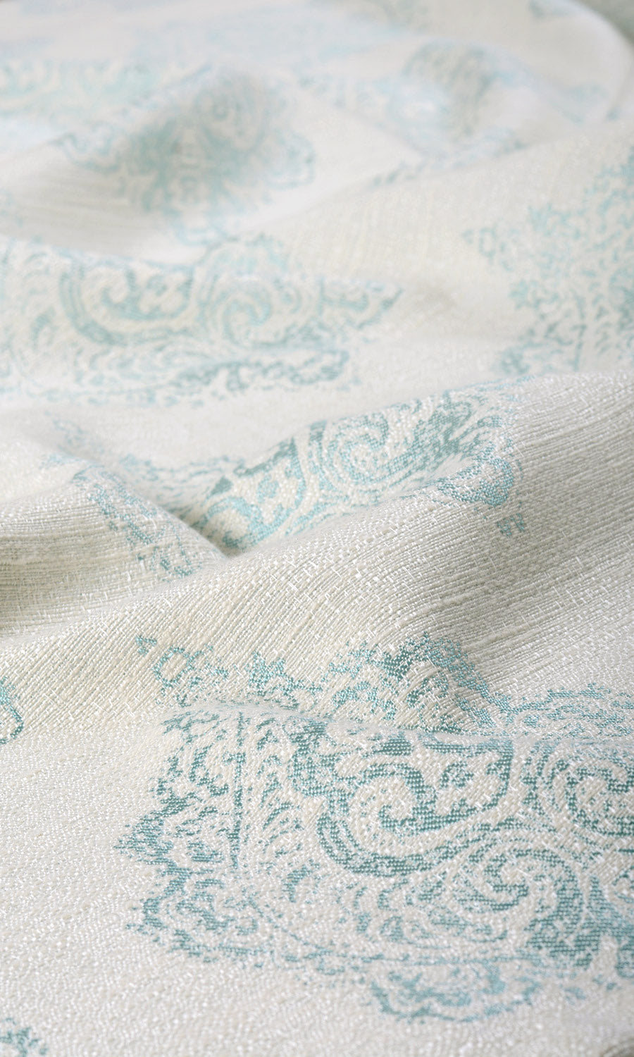 Damask Poly-Cotton Fabric By the Metre for Curtains & Drapes (White/ Blue)