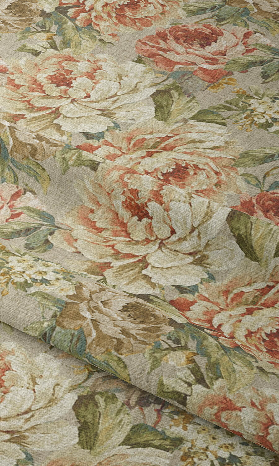 Country Floral Free Fabric Material Sample (Green/ Red/ Brown)
