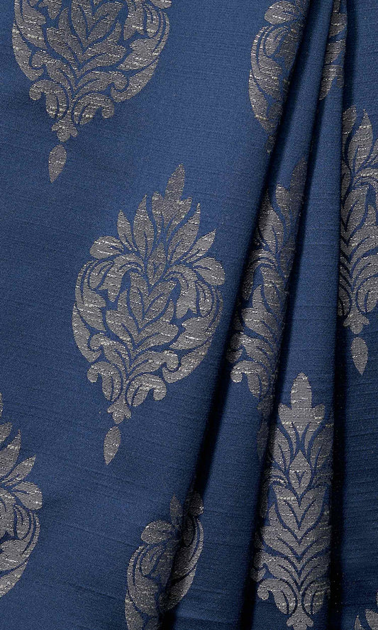 Navy Blue Self-Patterned Damask Custom Curtains