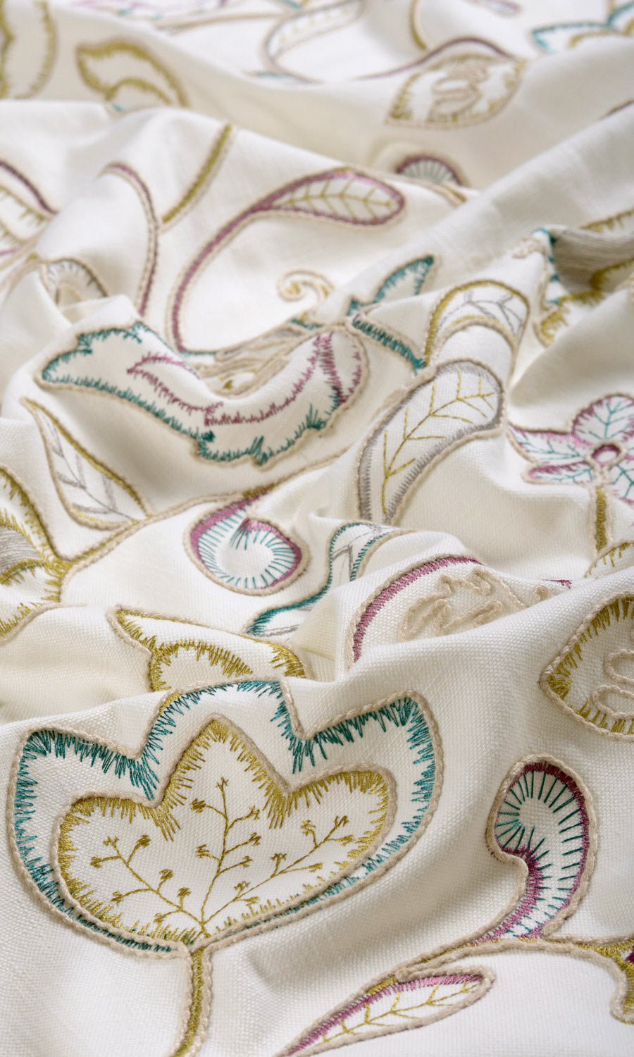 Vine Embroidered Home Décor Fabric Sample (White/ Green/ Pink)