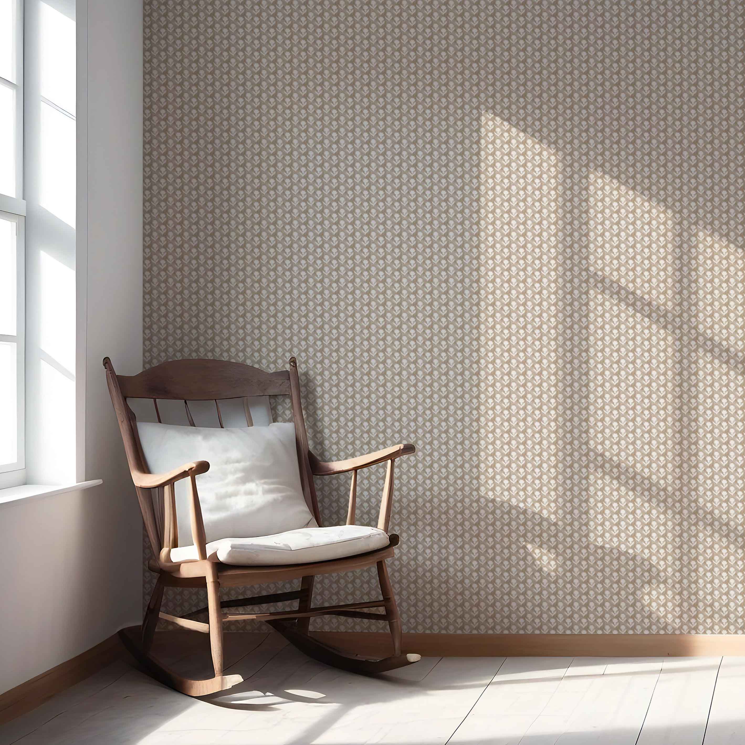 Neutral Small Floral Block Print Nursery Wallpaper Sample (Beige/ White)