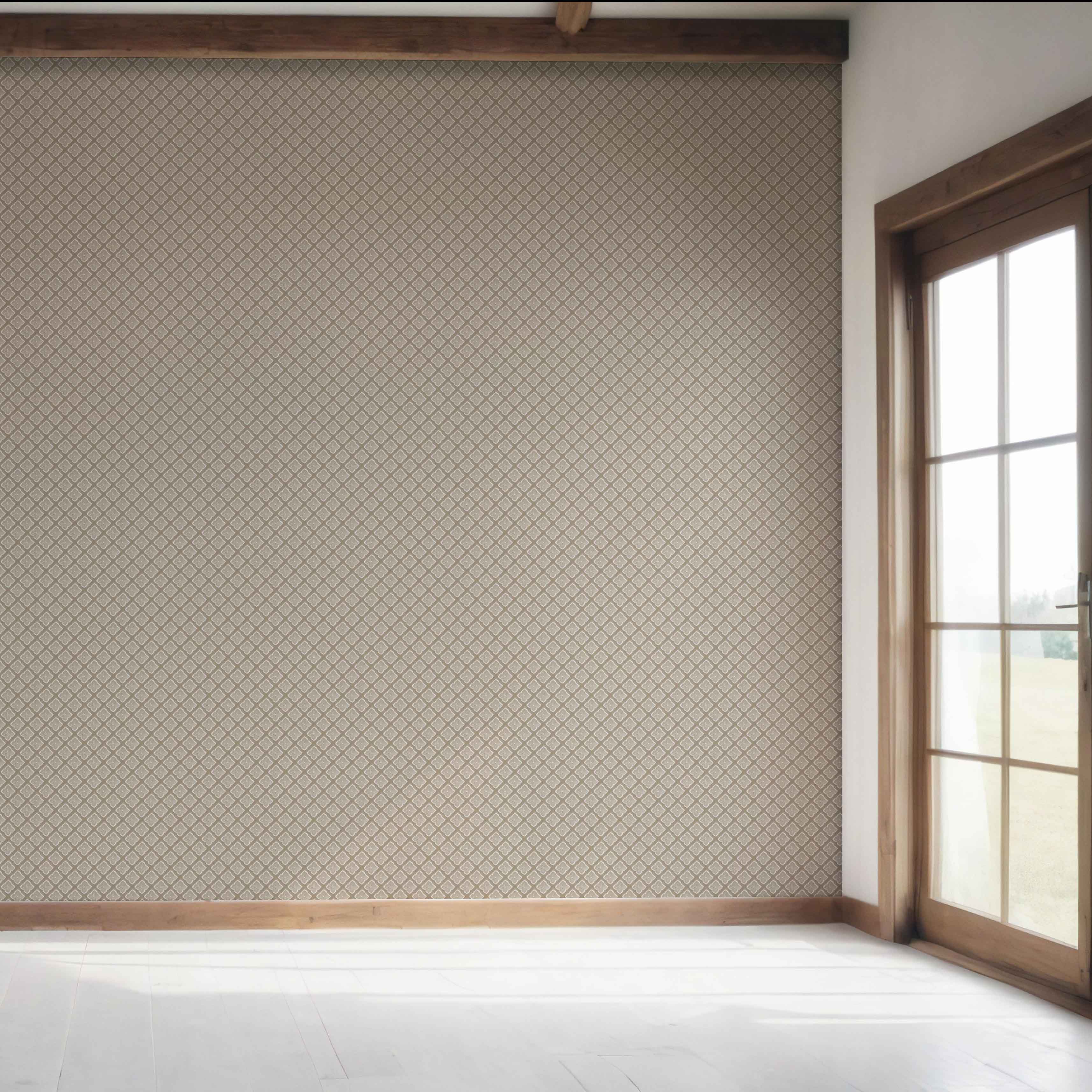 Small Floral Geometric Lattice Bedroom Wallpaper (Beige/ Brown/ Taupe)