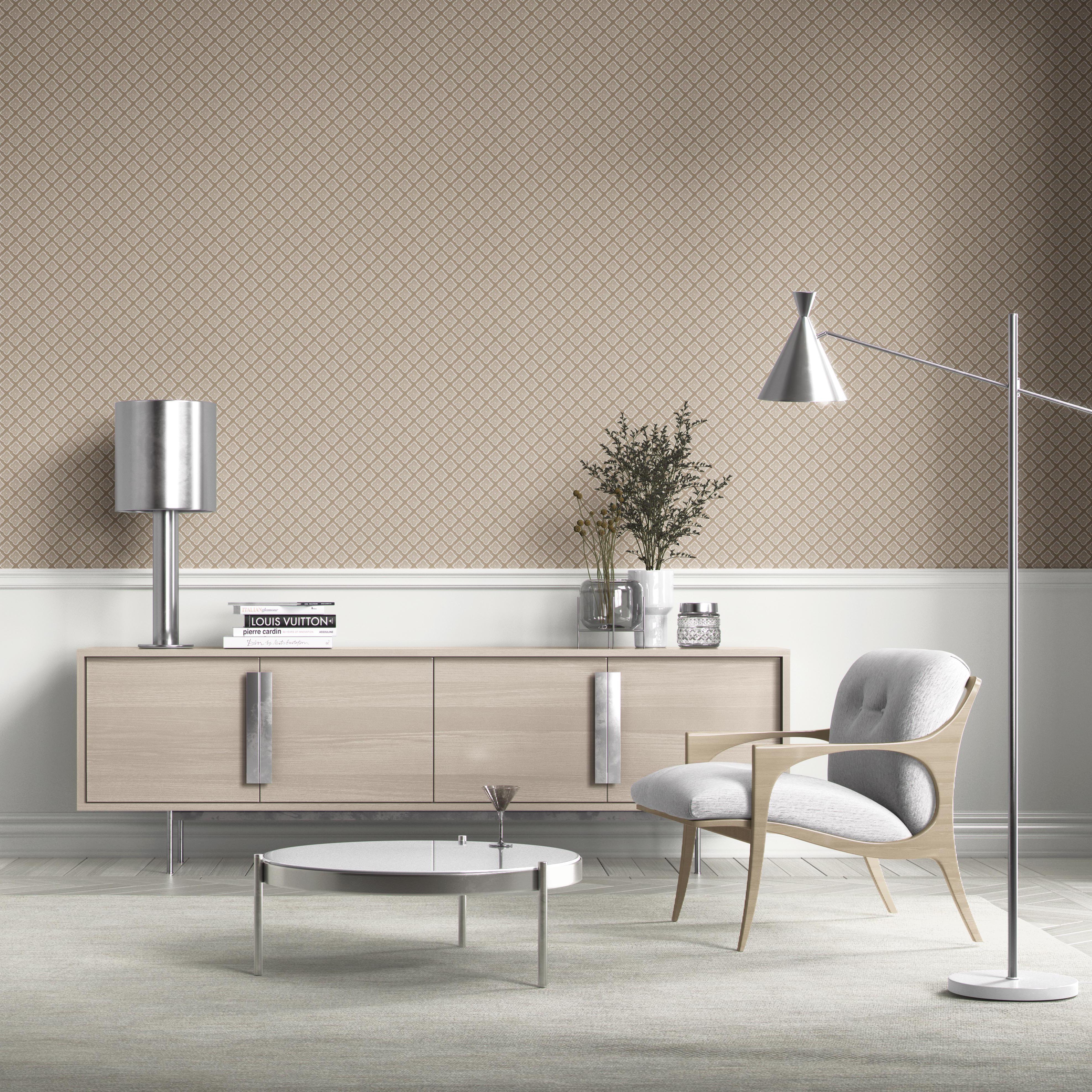 Small Floral Geometric Lattice Bathroom Wallpaper (Beige/ Brown/ Taupe)