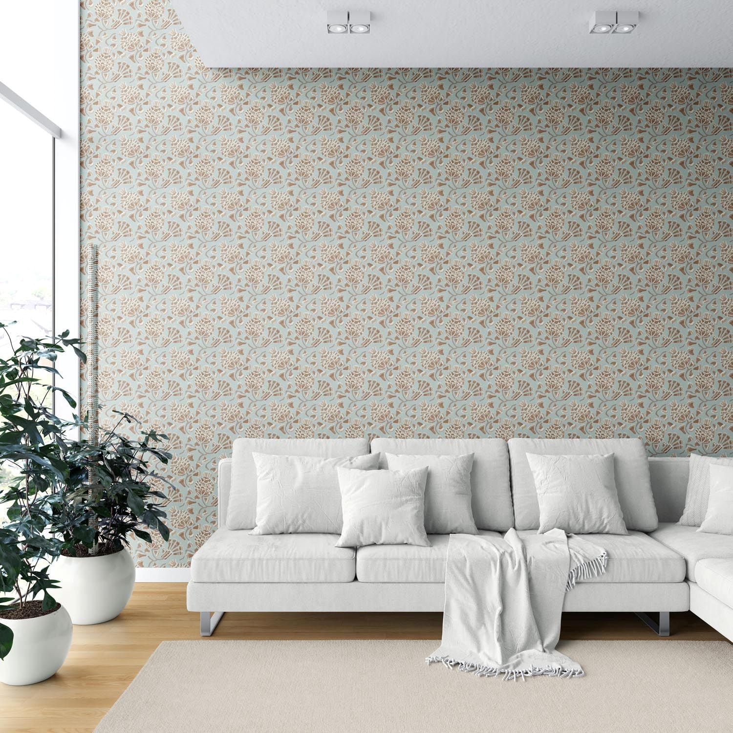 Modern Floral/ Botanical Shower Toilet Wallpaper Sample (Blue/ Brown/ Beige)