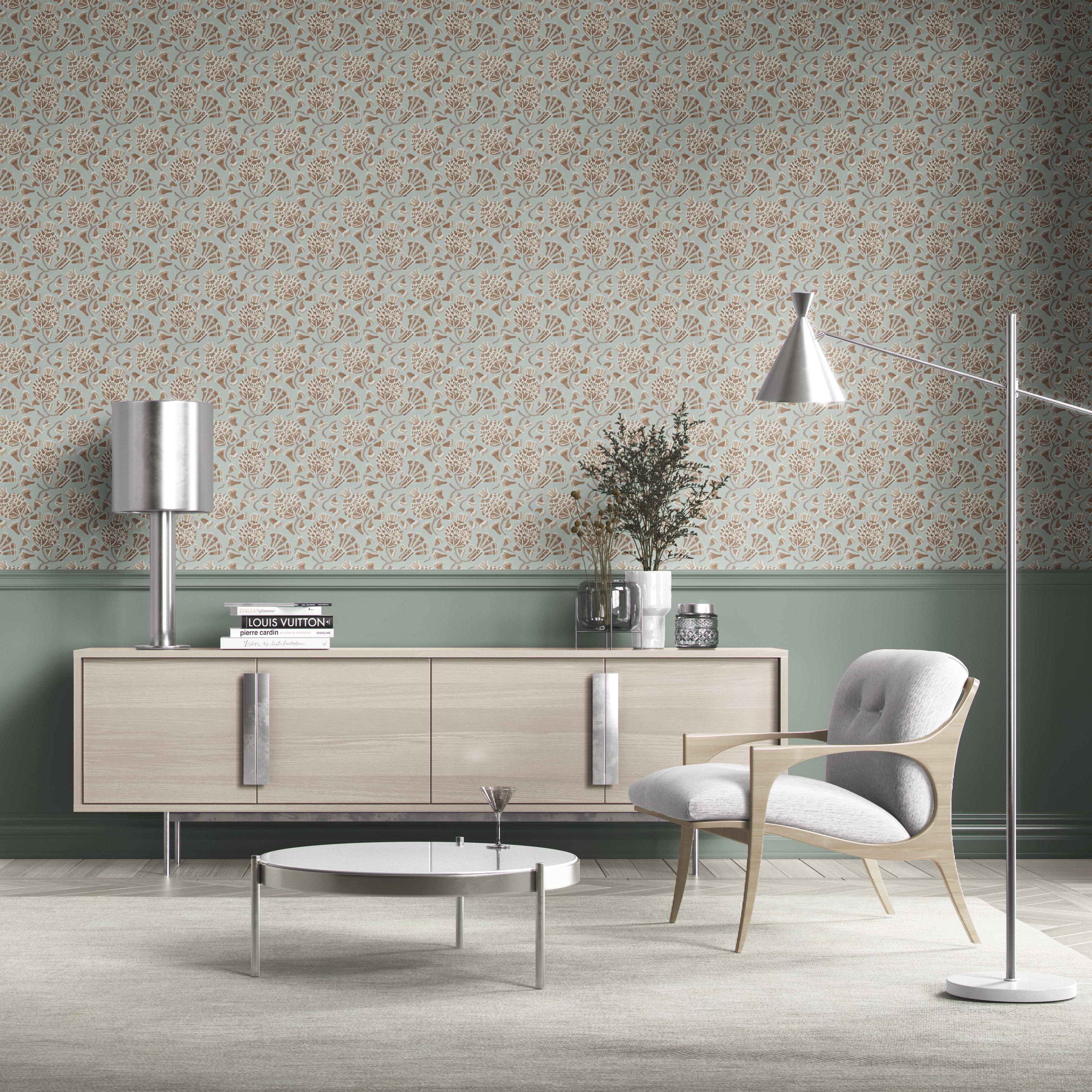 Modern Floral/ Botanical Kitchen Wallpaper (Blue/ Brown/ Beige)