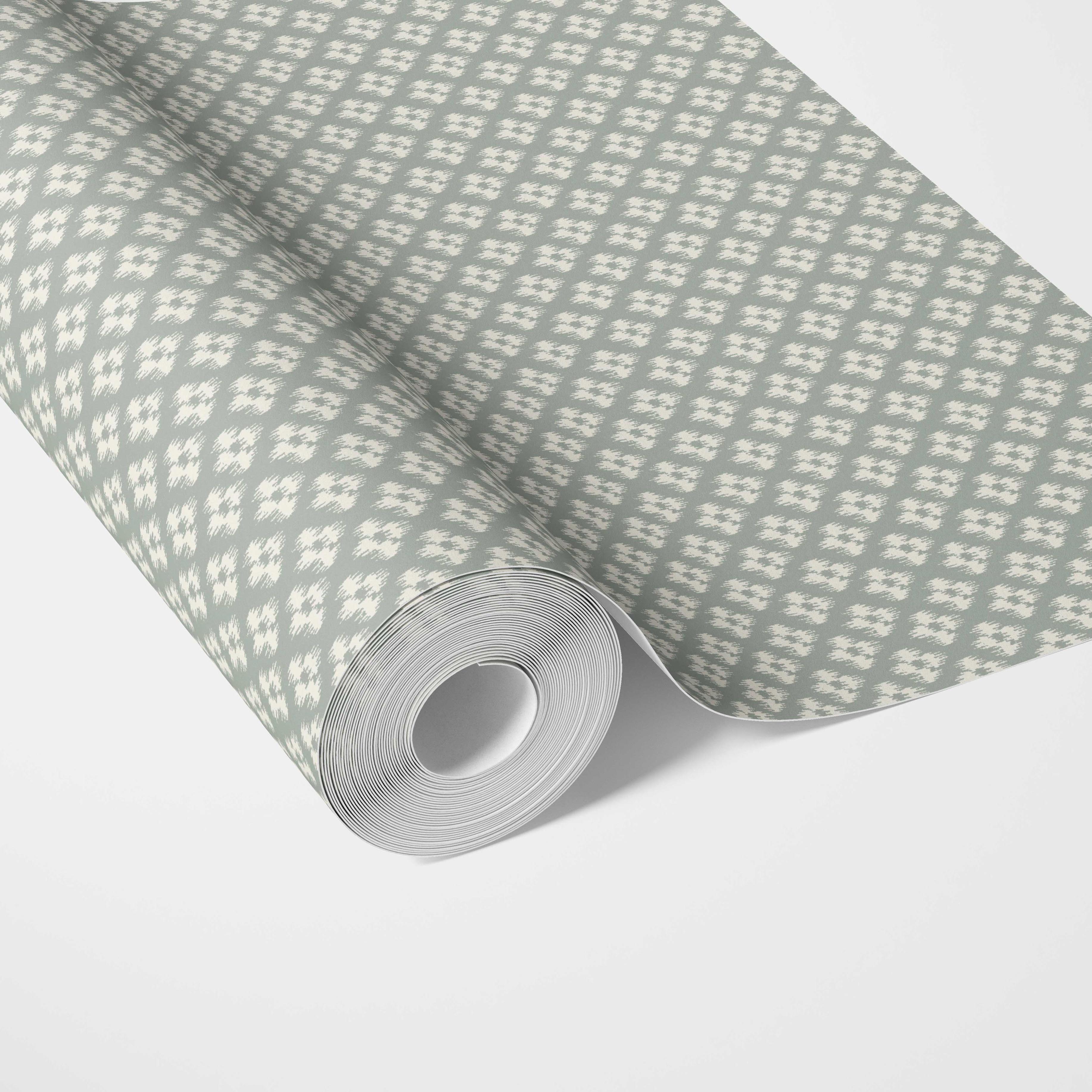 Small Geometric Ikat-Style Floral Block Print Traditional Wallpaper Sample (Green/ White)