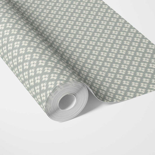 Small Geometric Ikat-Style Floral Block Print Traditional Wallpaper (Green/ White)