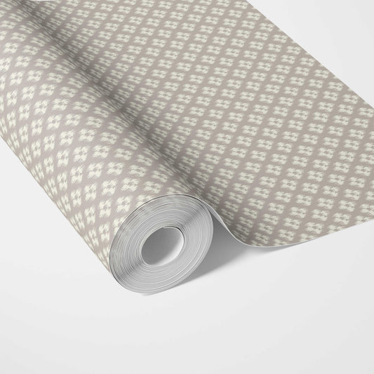 Neutral Small Geometric Ikat-Style Floral Block Print Traditional Wallpaper Sample (Gray/ White)