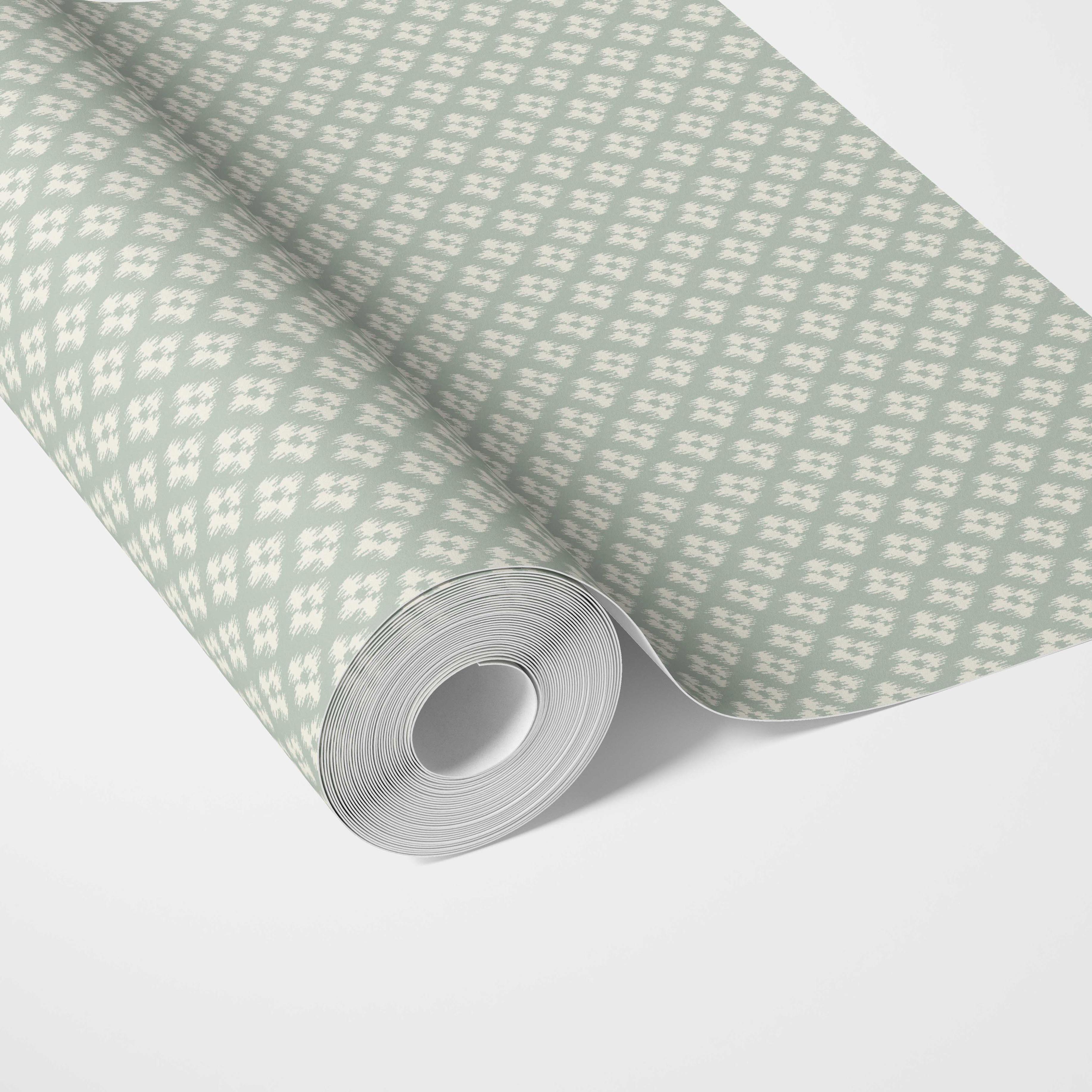 Small Geometric Ikat-Style Floral Block Print Traditional Wallpaper (Duck Egg Blue/ White)