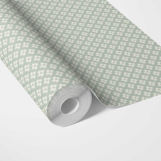 Small Geometric Ikat-Style Floral Block Print Traditional Wallpaper (Duck Egg Blue/ White)
