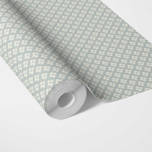 Small Geometric Ikat-Style Floral Block Print Traditional Wallpaper Sample (Duck Egg Blue/ White)