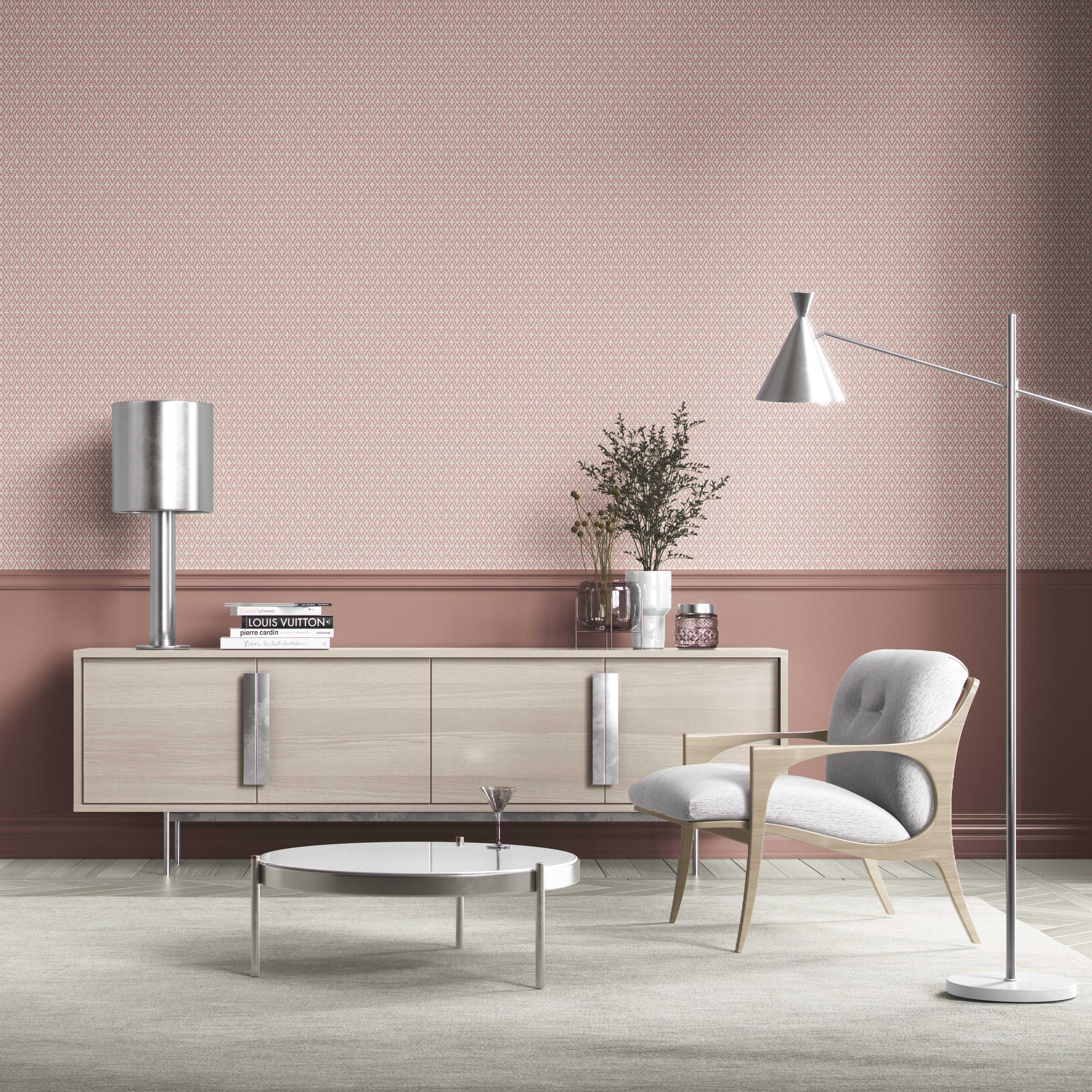 Geometric Diamond Lattice Bathroom Wallpaper Sample (Dusty Rose Pink/ White)