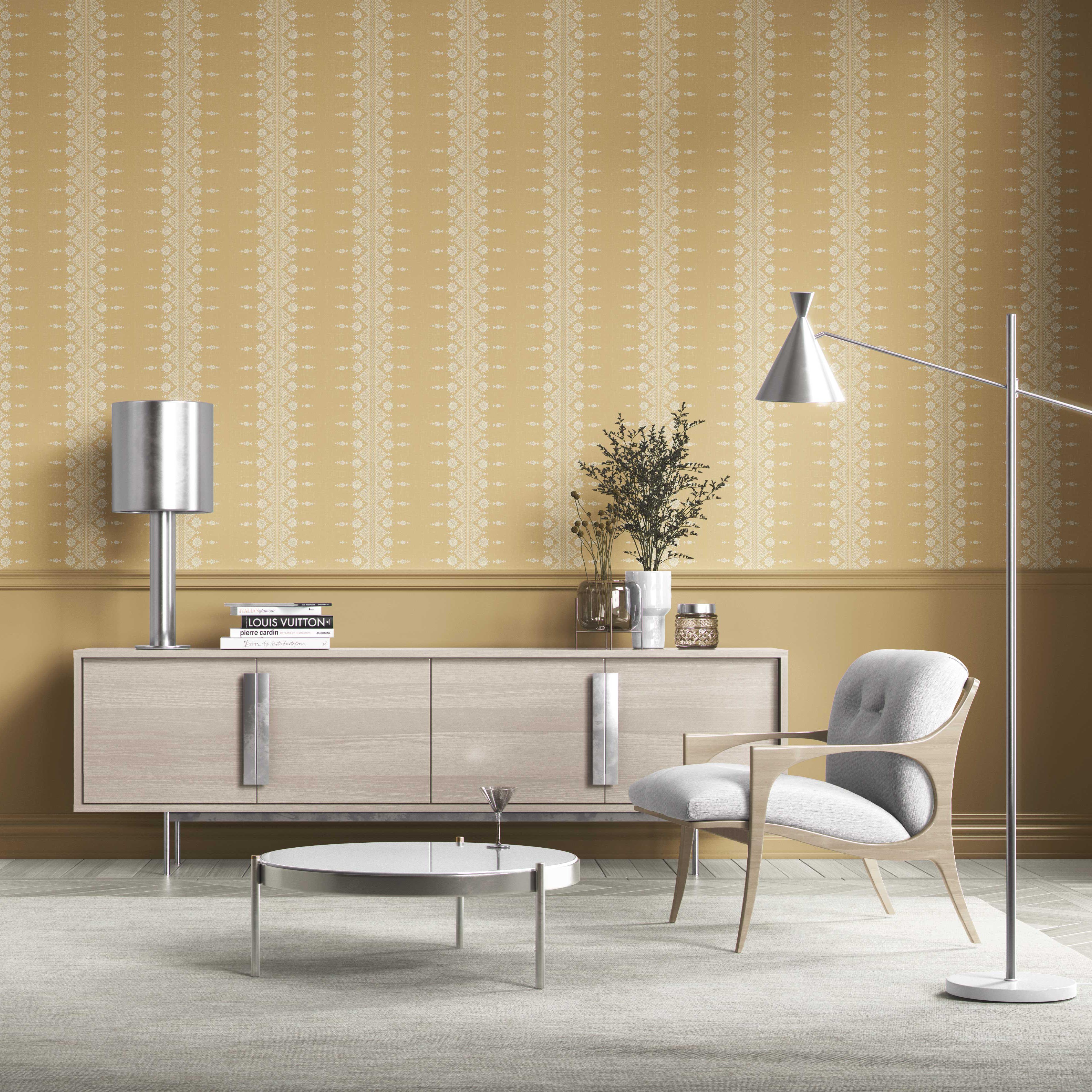 Floral Striped Kitchen Wallpaper Sample (Yellow/ Off-White)