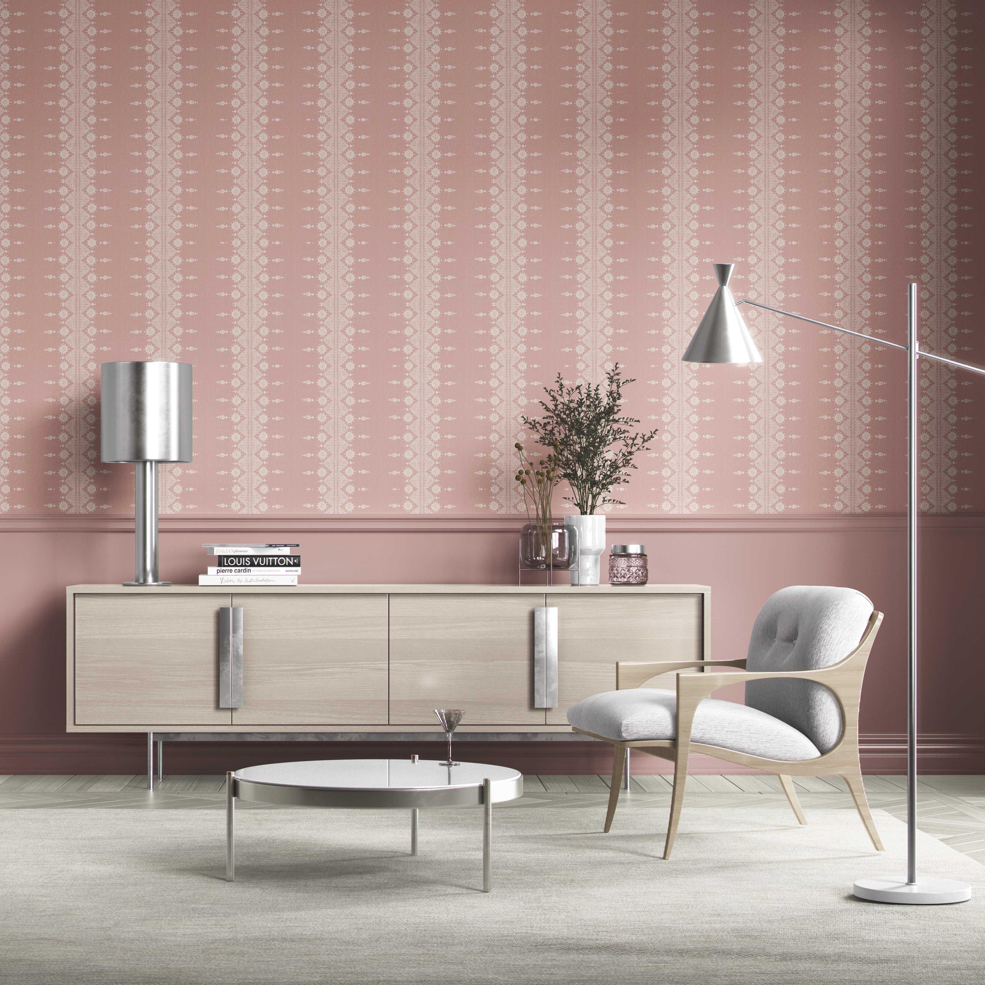 Floral Striped Kitchen Wallpaper Sample (Pink/ Off-White)