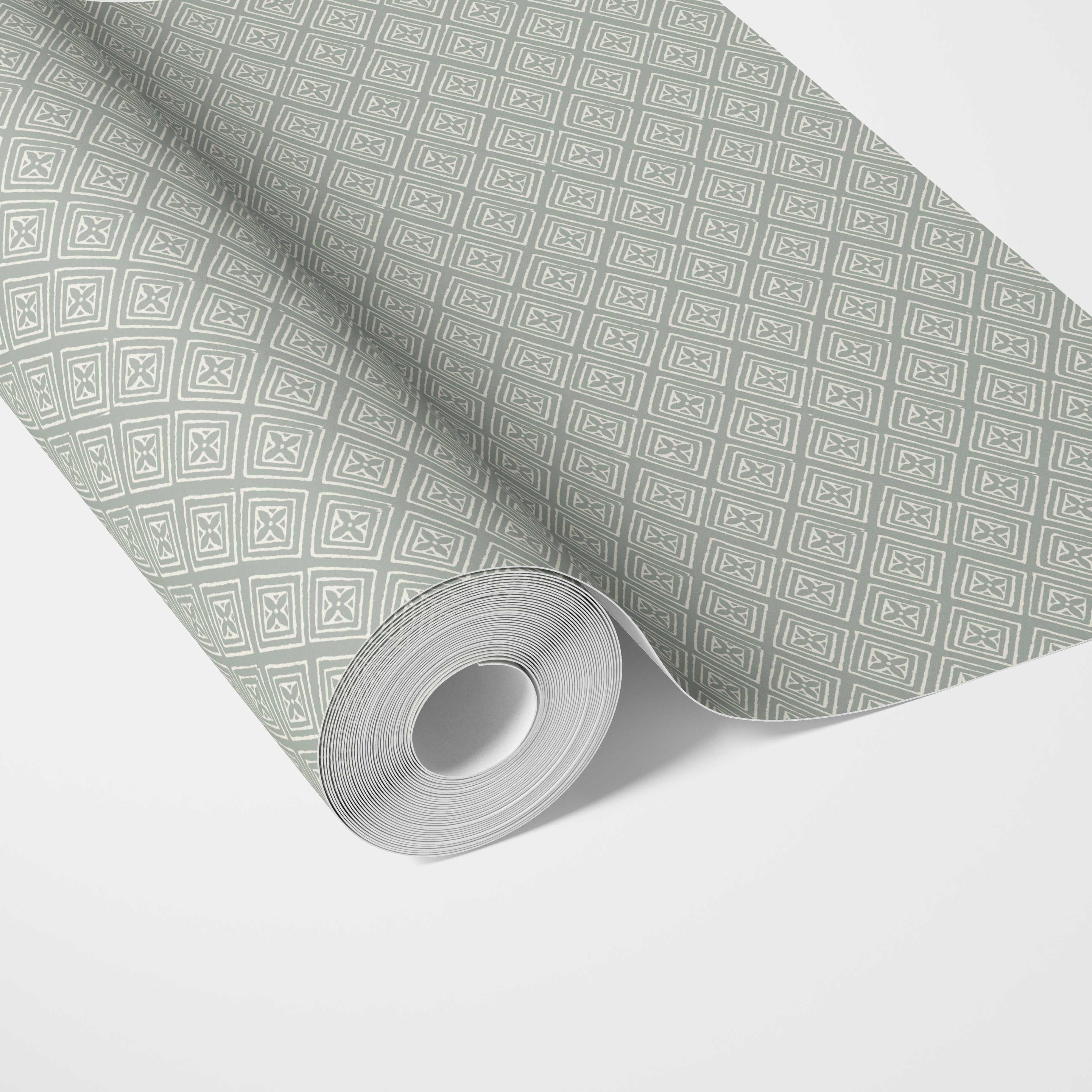 Small Diamond Lattice/ Textured Check Traditional Wallpaper (Green-Gray/ White)