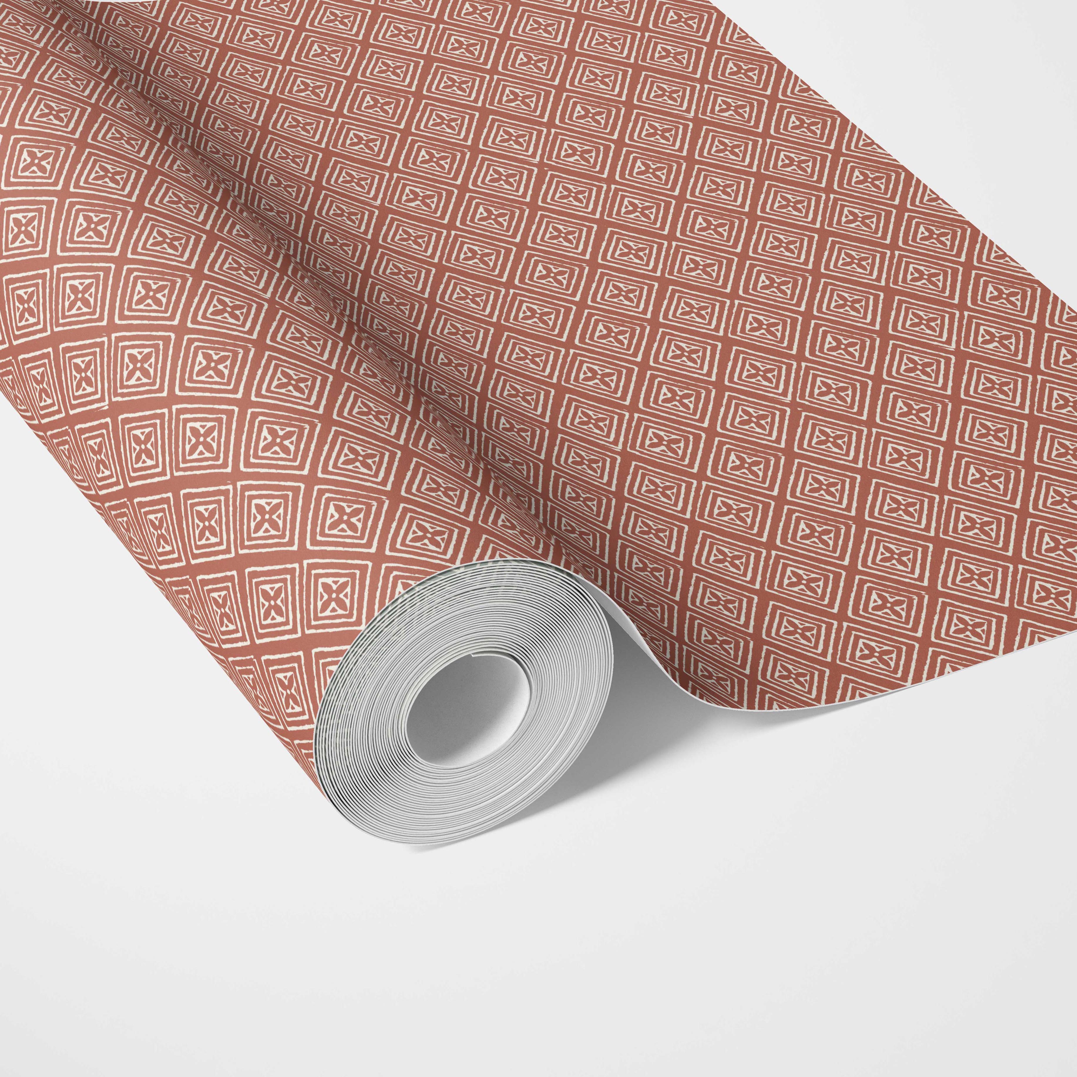 Small Diamond Lattice/ Textured Check Traditional Wallpaper (Terracotta Red/ White)