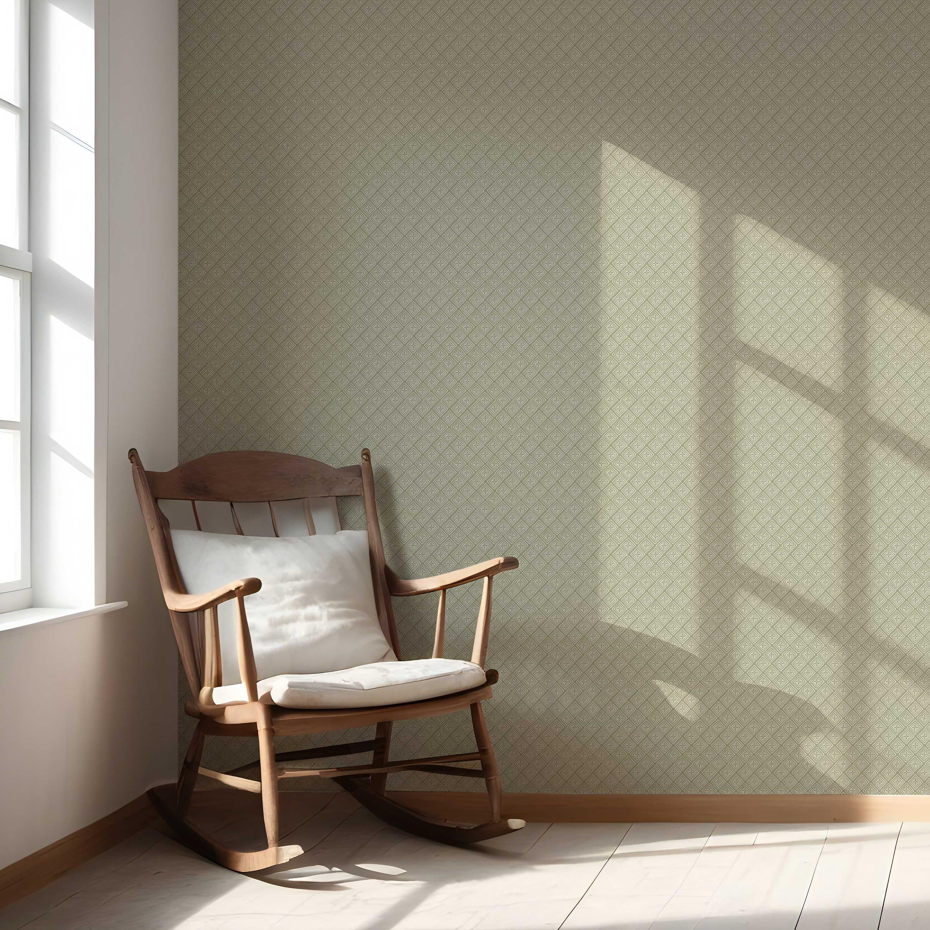 Small Diamond Lattice/ Textured Check Nursery Wallpaper Sample (Olive Green/ White)