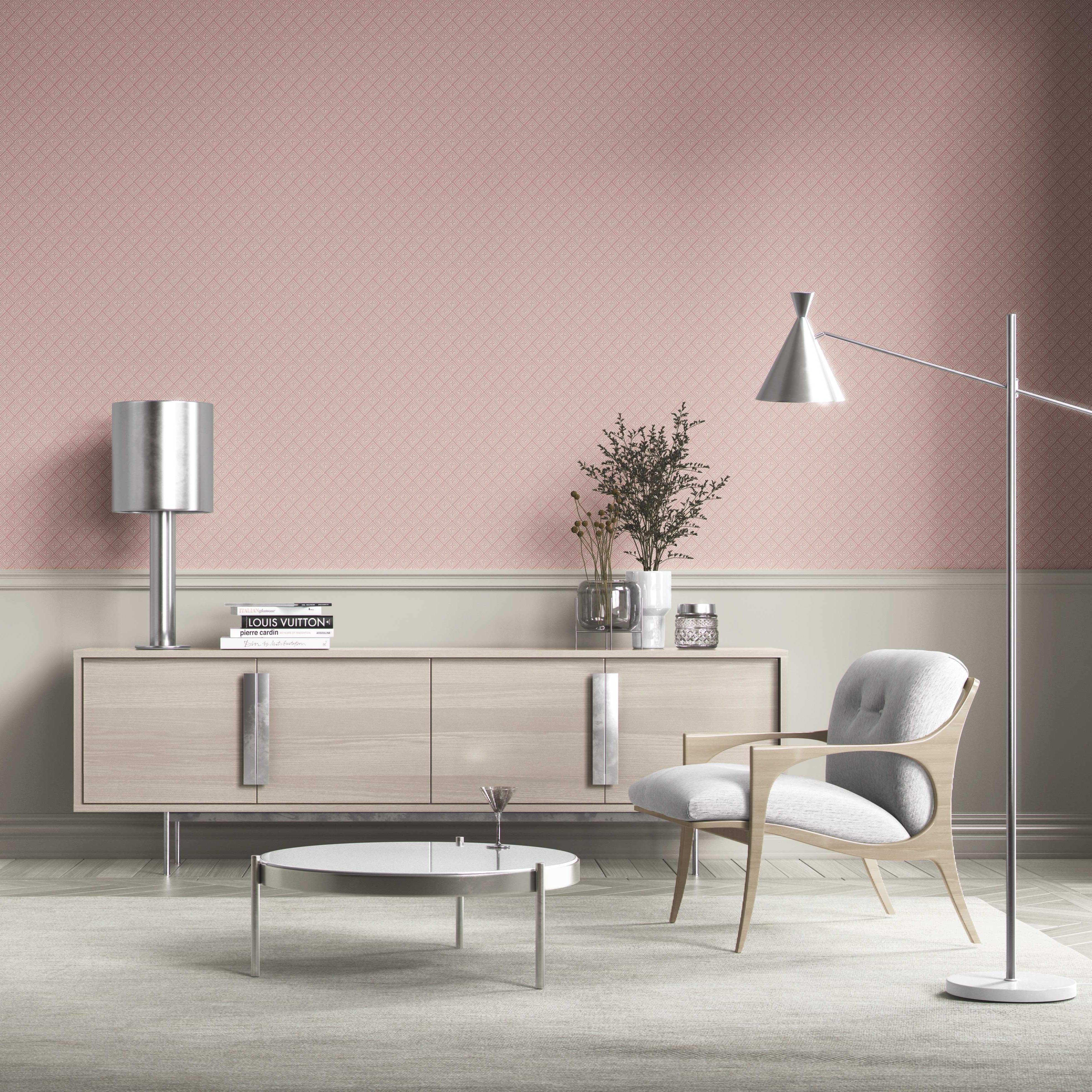 Small Diamond Lattice/ Textured Check Bathroom Wallpaper (Pink/ White)