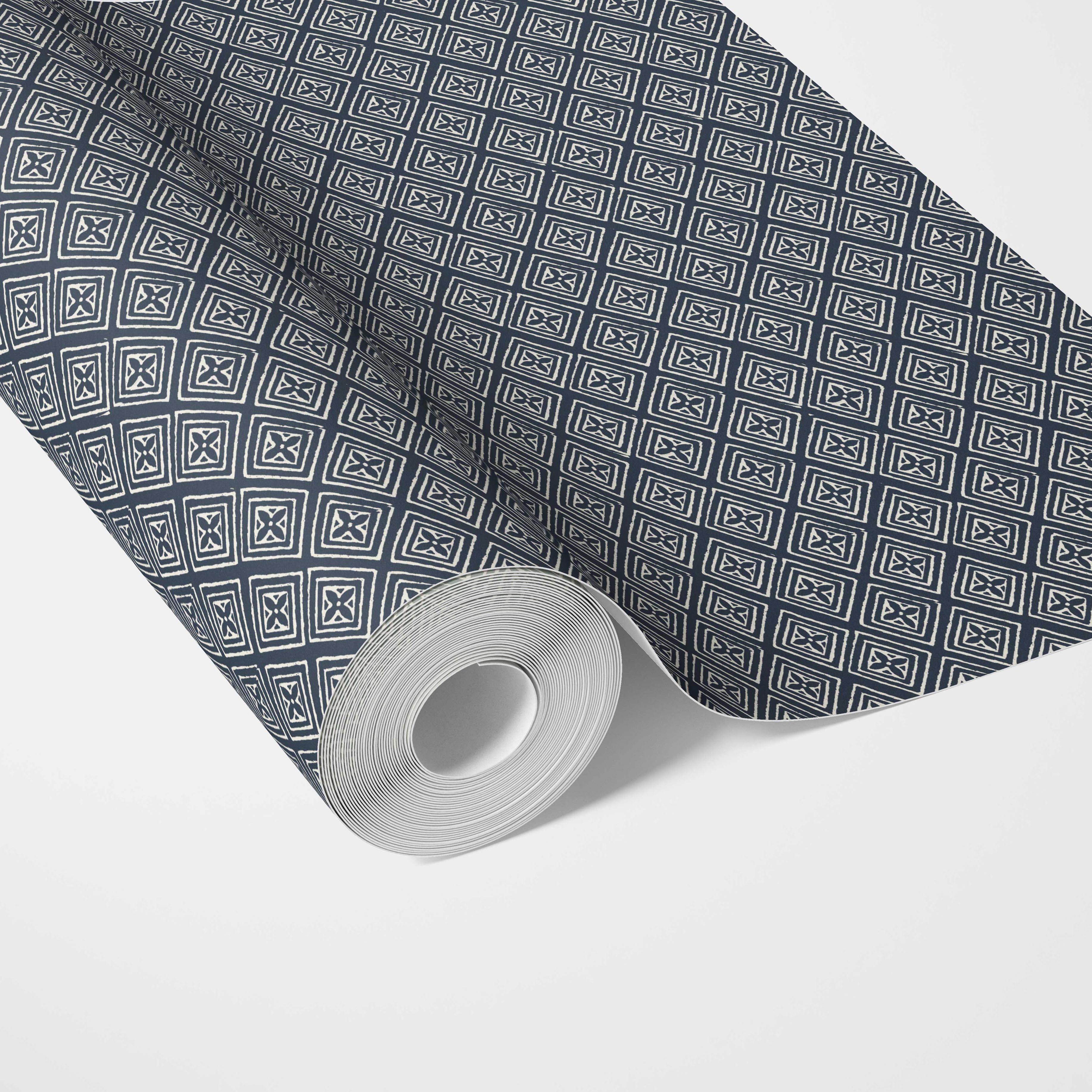 Small Diamond Lattice/ Textured Check Traditional Wallpaper (Midnight Blue/ White)