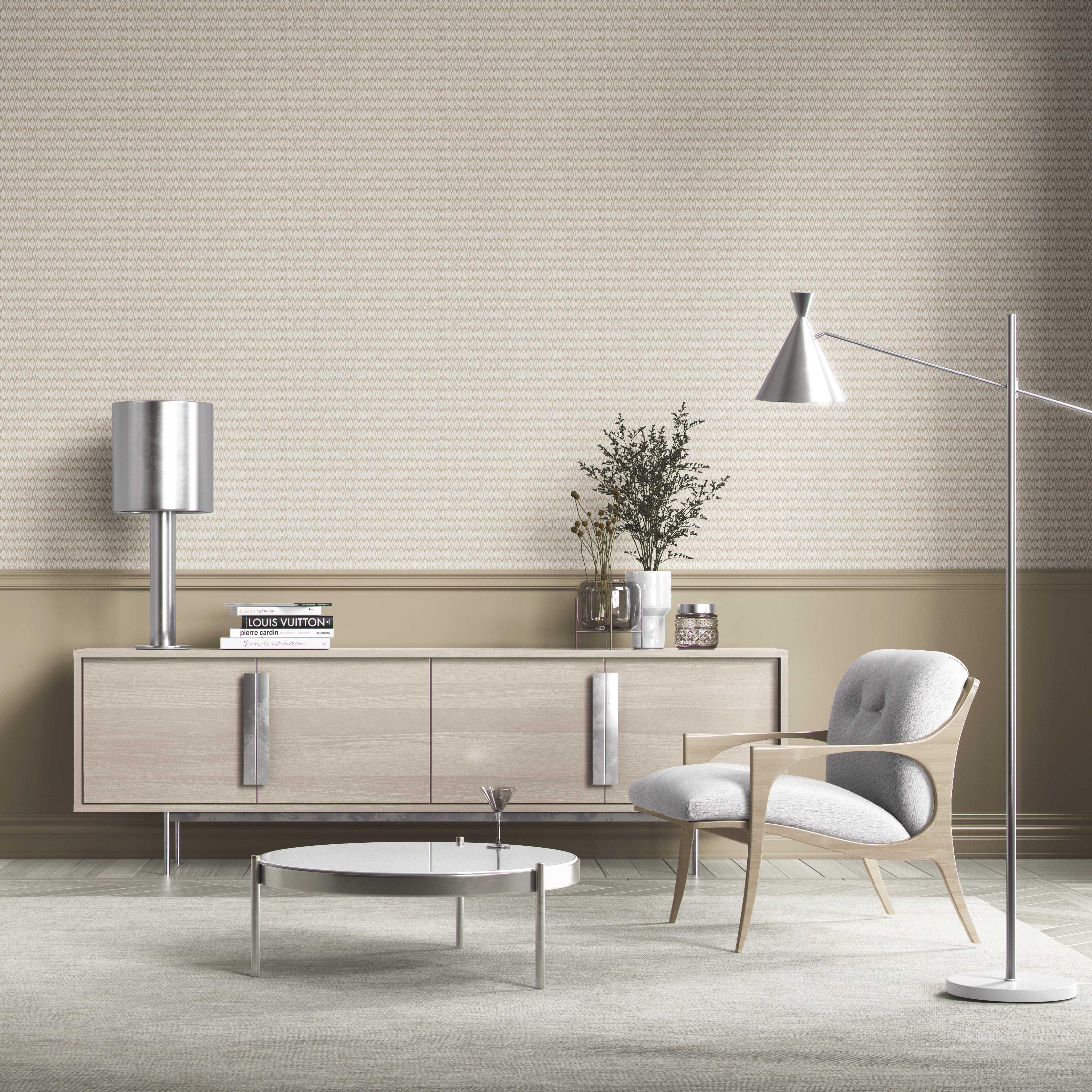 Neutral Ikat Striped Bathroom Wallpaper Sample (Beige/ Tan/ White)