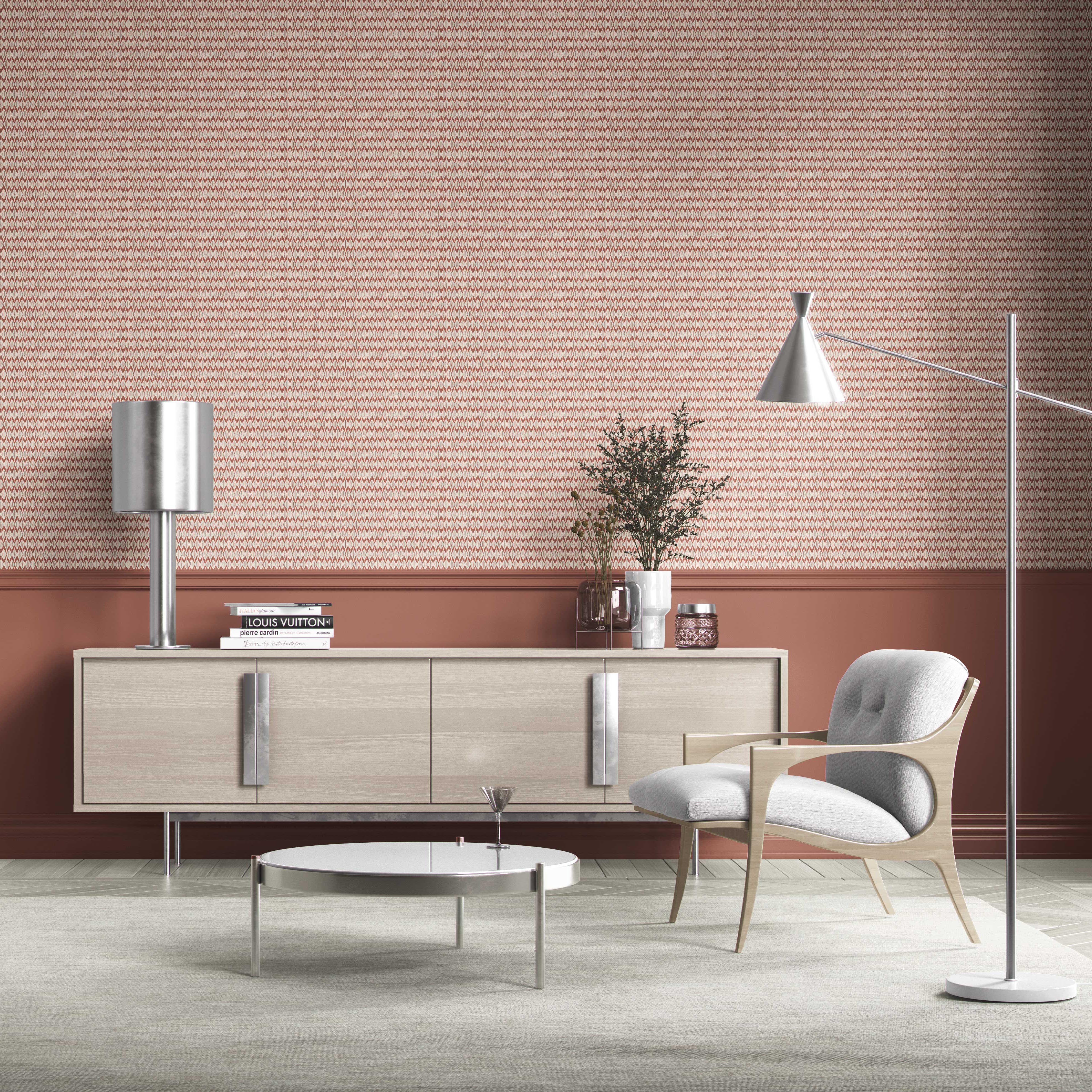 Geometric Ikat Striped Bathroom Wallpaper Sample (Brick Red/ White)