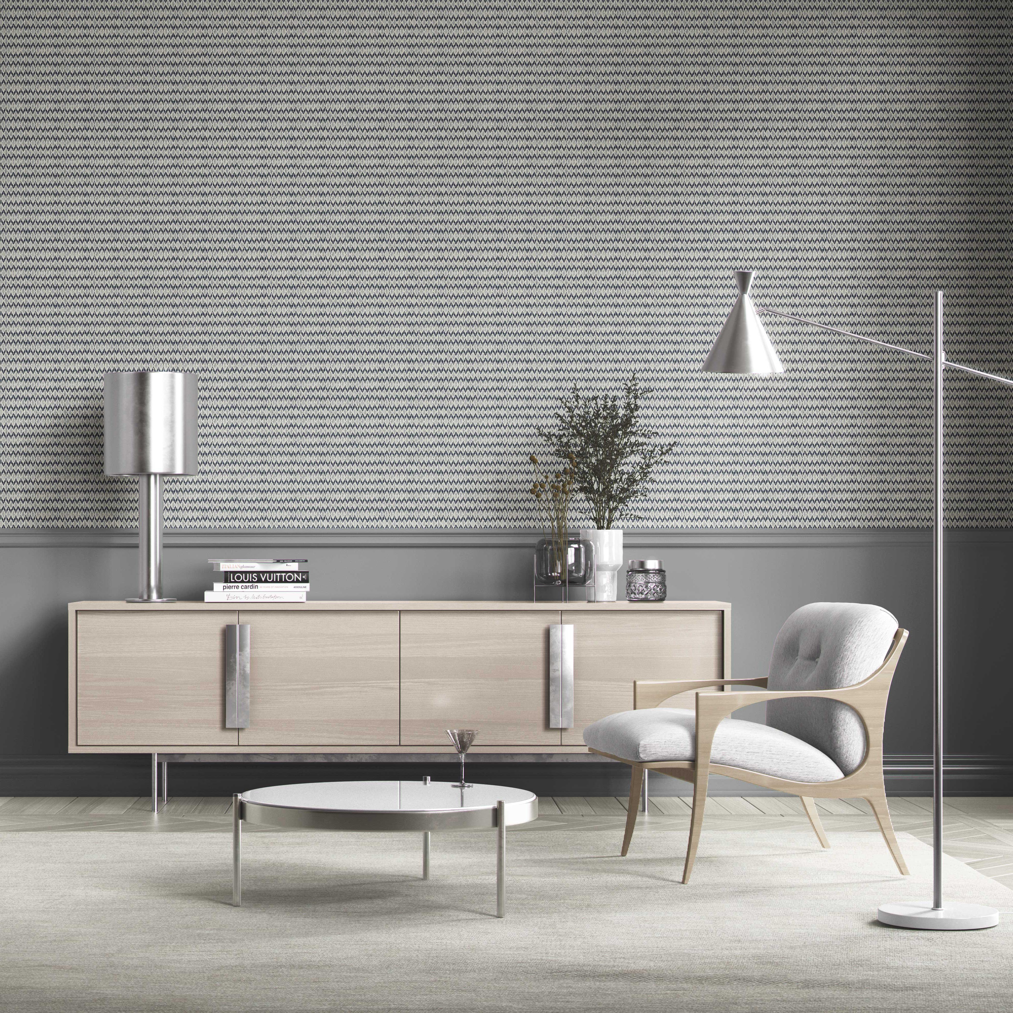 Geometric Ikat Striped Bathroom Wallpaper (Navy Blue/ White)