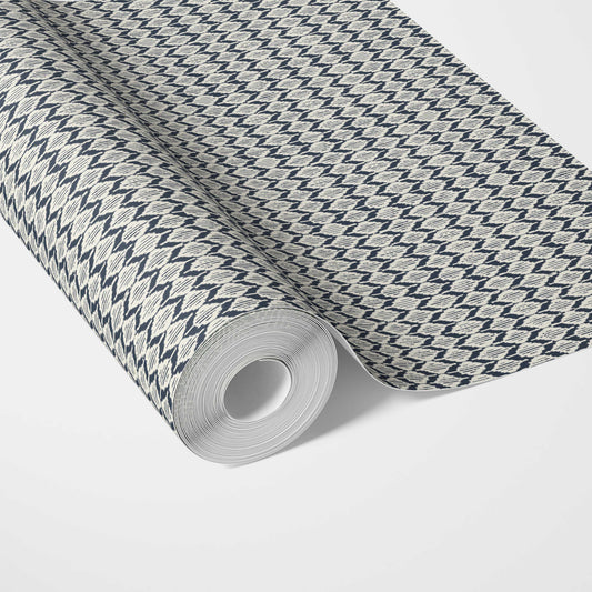 Geometric Ikat Striped Traditional Wallpaper (Navy Blue/ White)