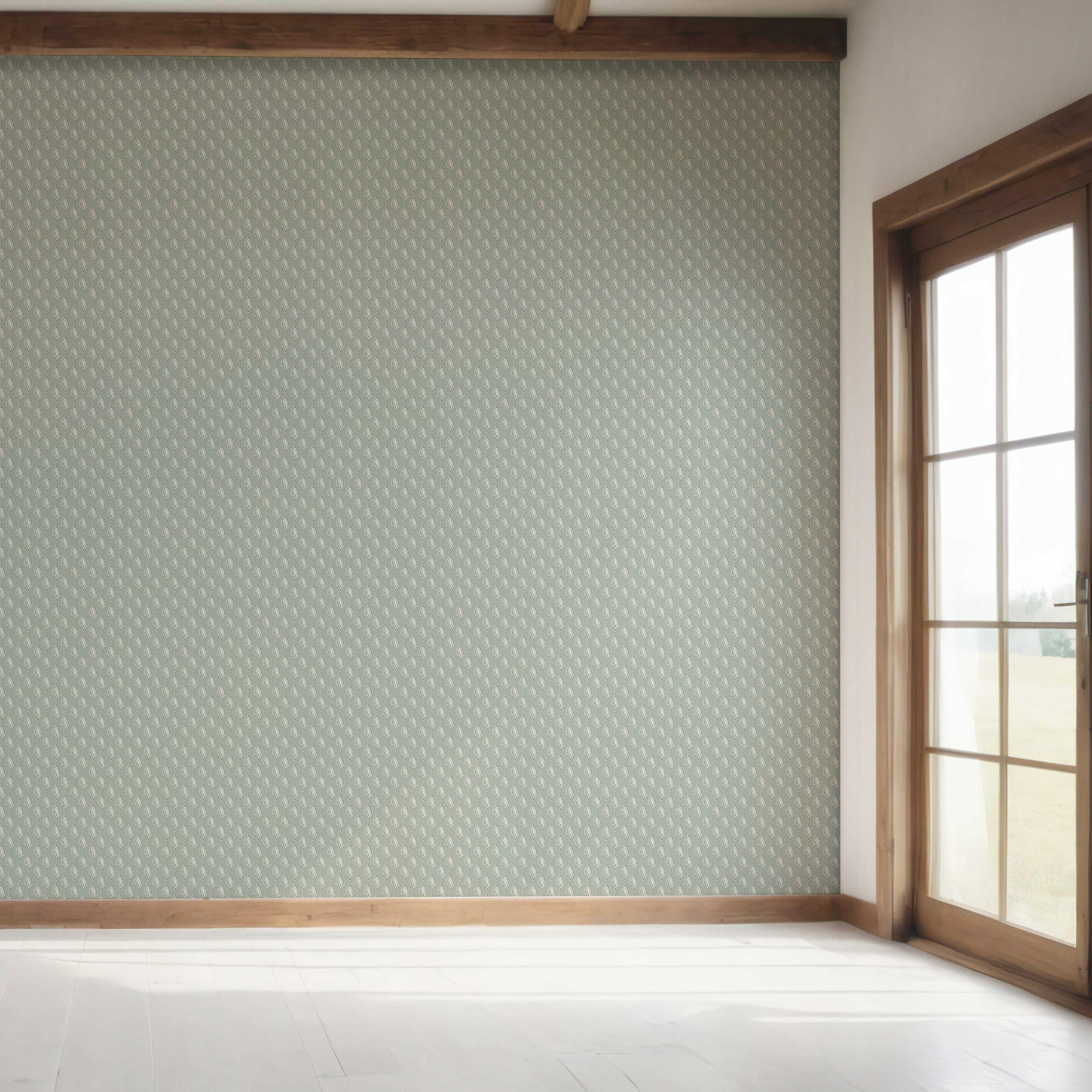 Textured Teardrop/ Paisley Block Print Bedroom Wallpaper Sample (Green-Gray/ White)