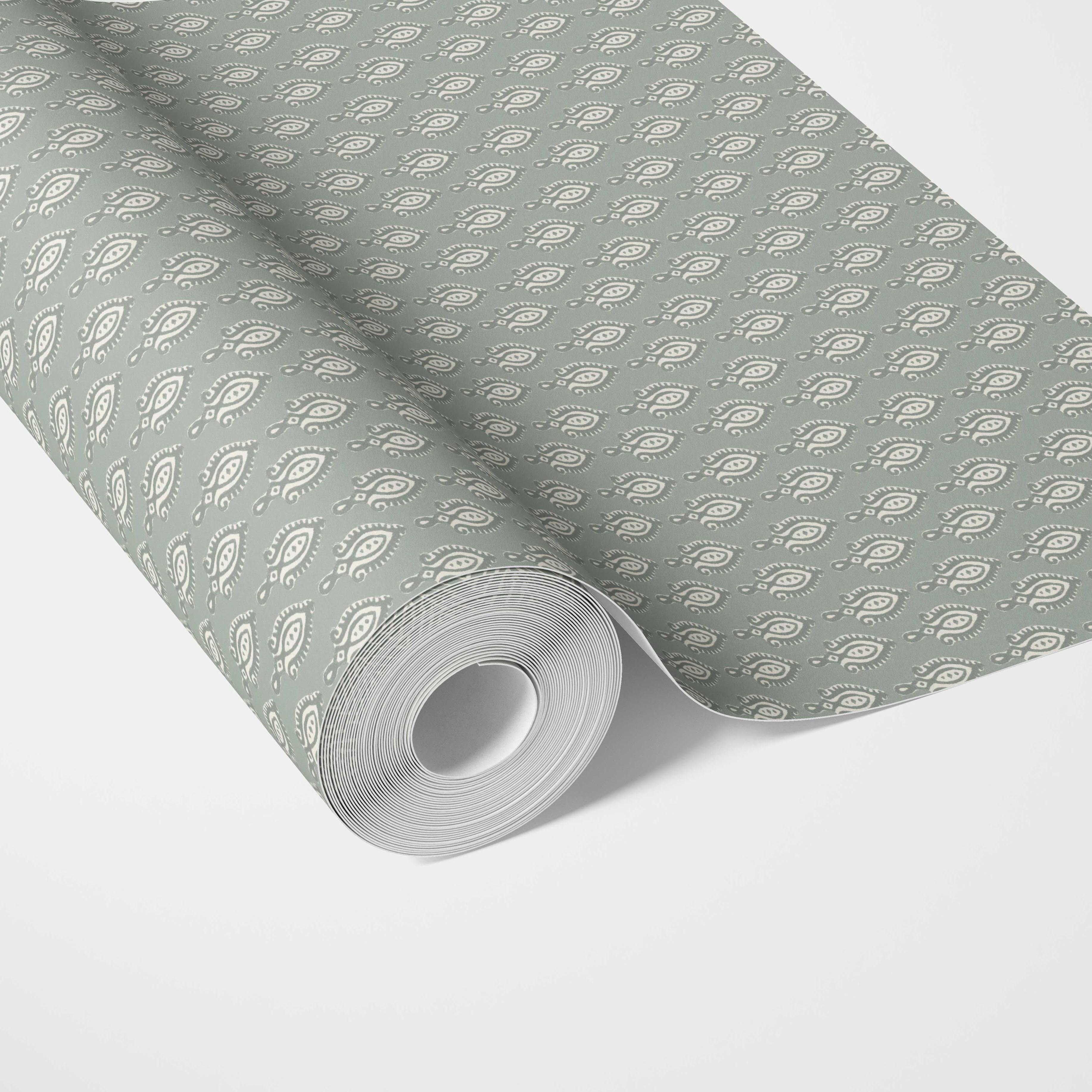 Textured Teardrop/ Paisley Block Print Traditional Wallpaper Sample (Green-Gray/ White)