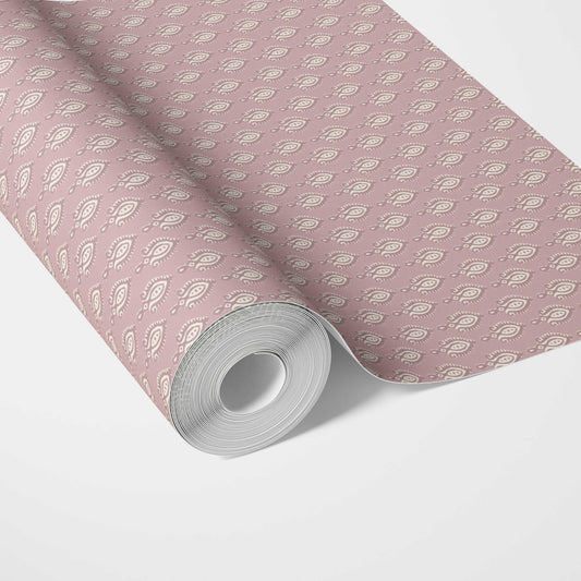 Textured Teardrop/ Paisley Block Print Traditional Wallpaper Sample (Pink/ White)