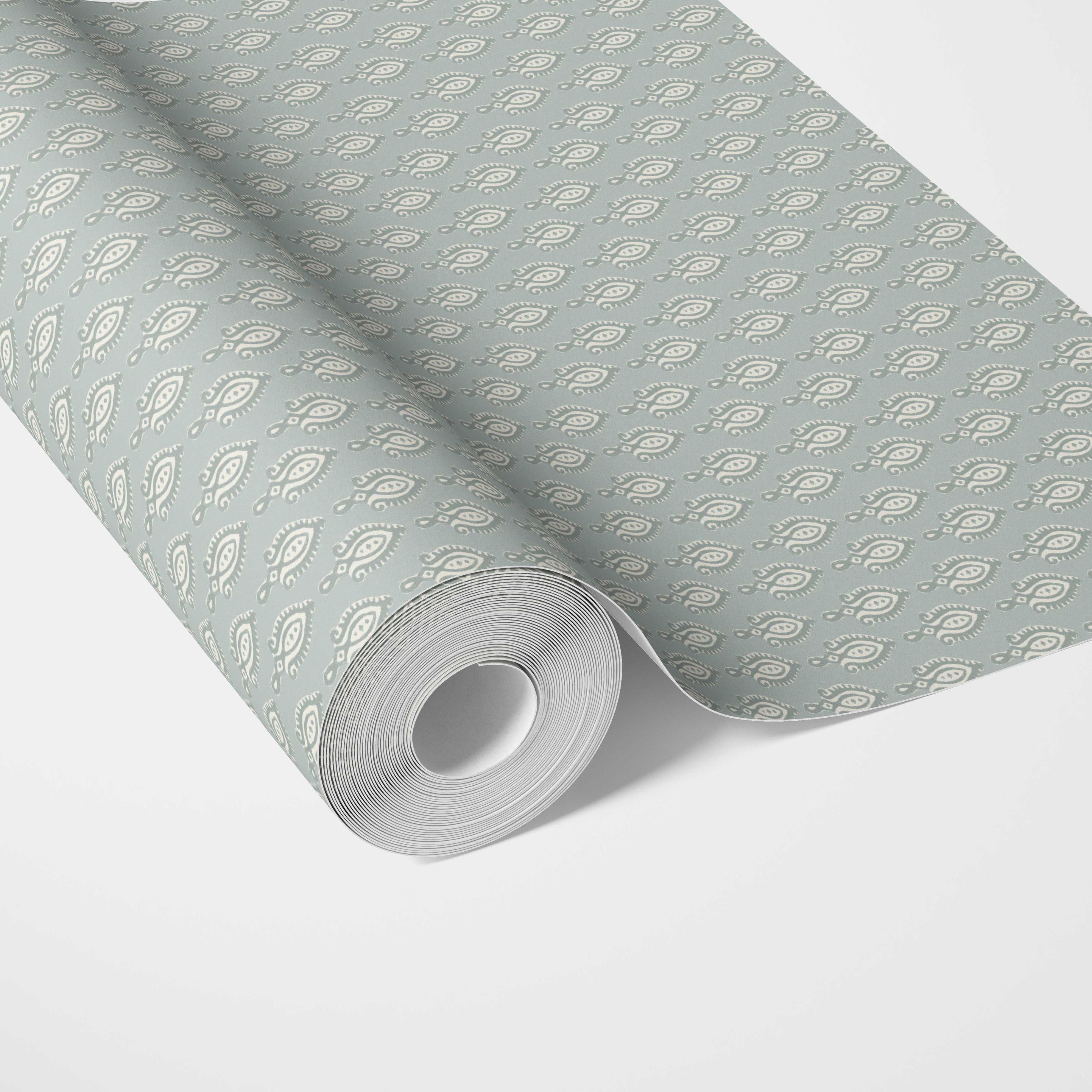 Textured Teardrop/ Paisley Block Print Traditional Wallpaper Sample (Blue-Gray/ White)