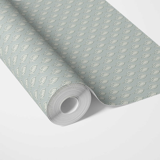Textured Teardrop/ Paisley Block Print Traditional Wallpaper (Blue-Gray/ White)