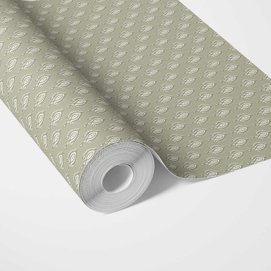 Textured Teardrop/ Paisley Block Print Traditional Wallpaper Sample (Olive Green/ White)