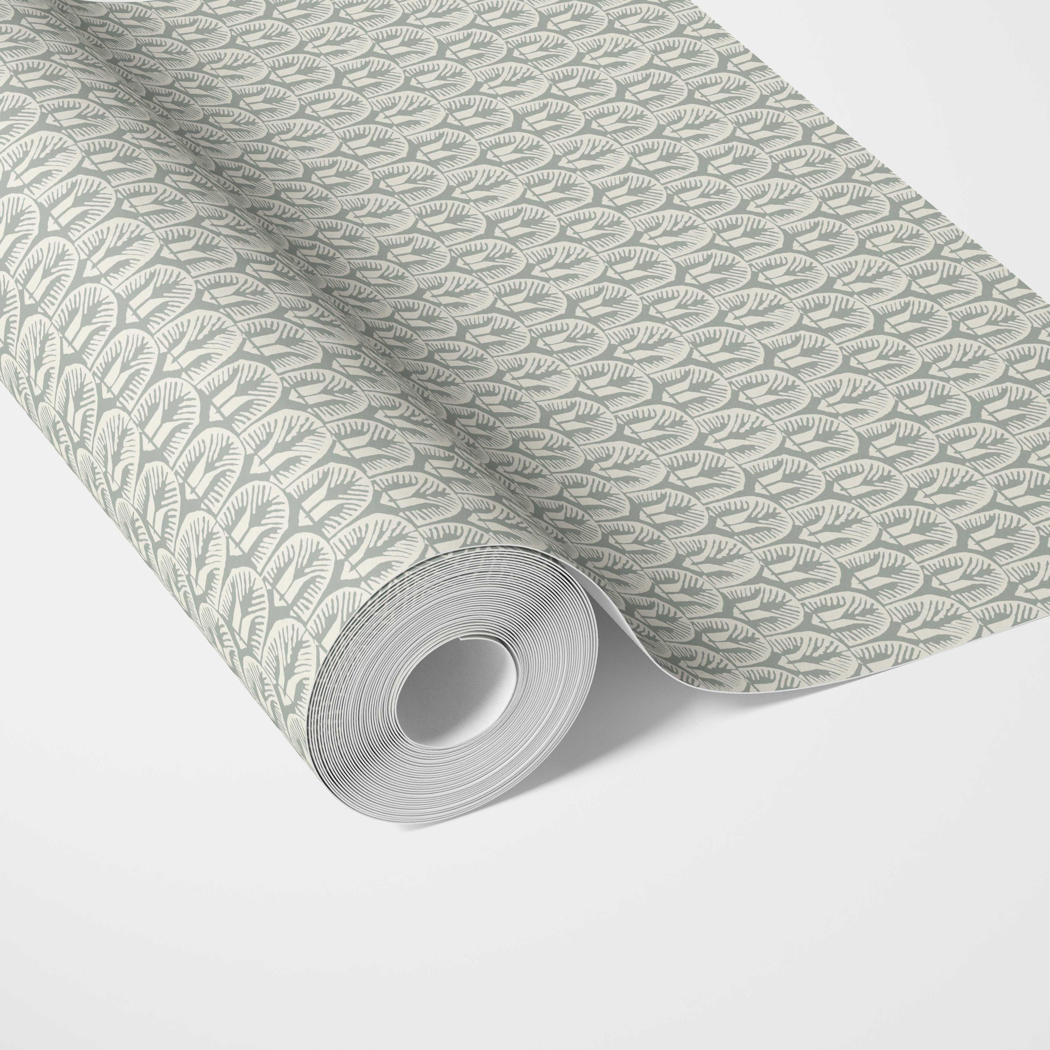 Geometric Scallops Floral Traditional Wallpaper (Green-Gray/ White)