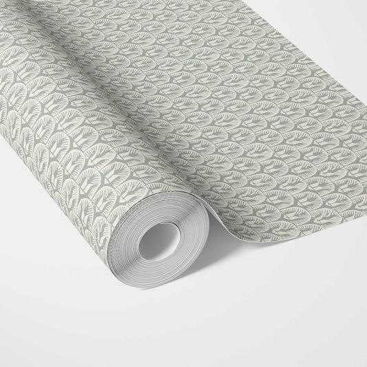 Geometric Scallops Floral Traditional Wallpaper (Green-Gray/ White)