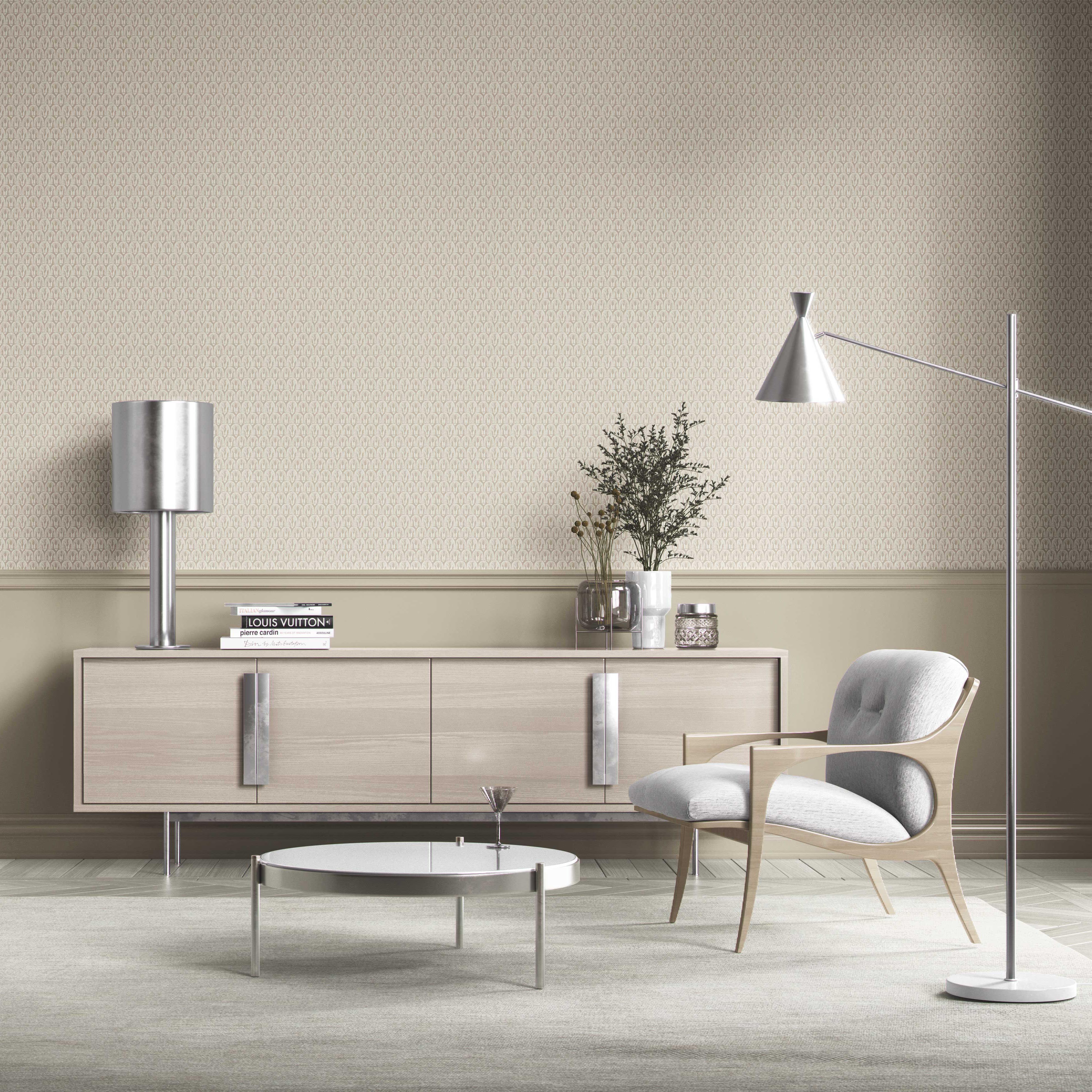 Neutral Geometric Scallops Floral Kitchen Wallpaper (Stone Beige/ White)