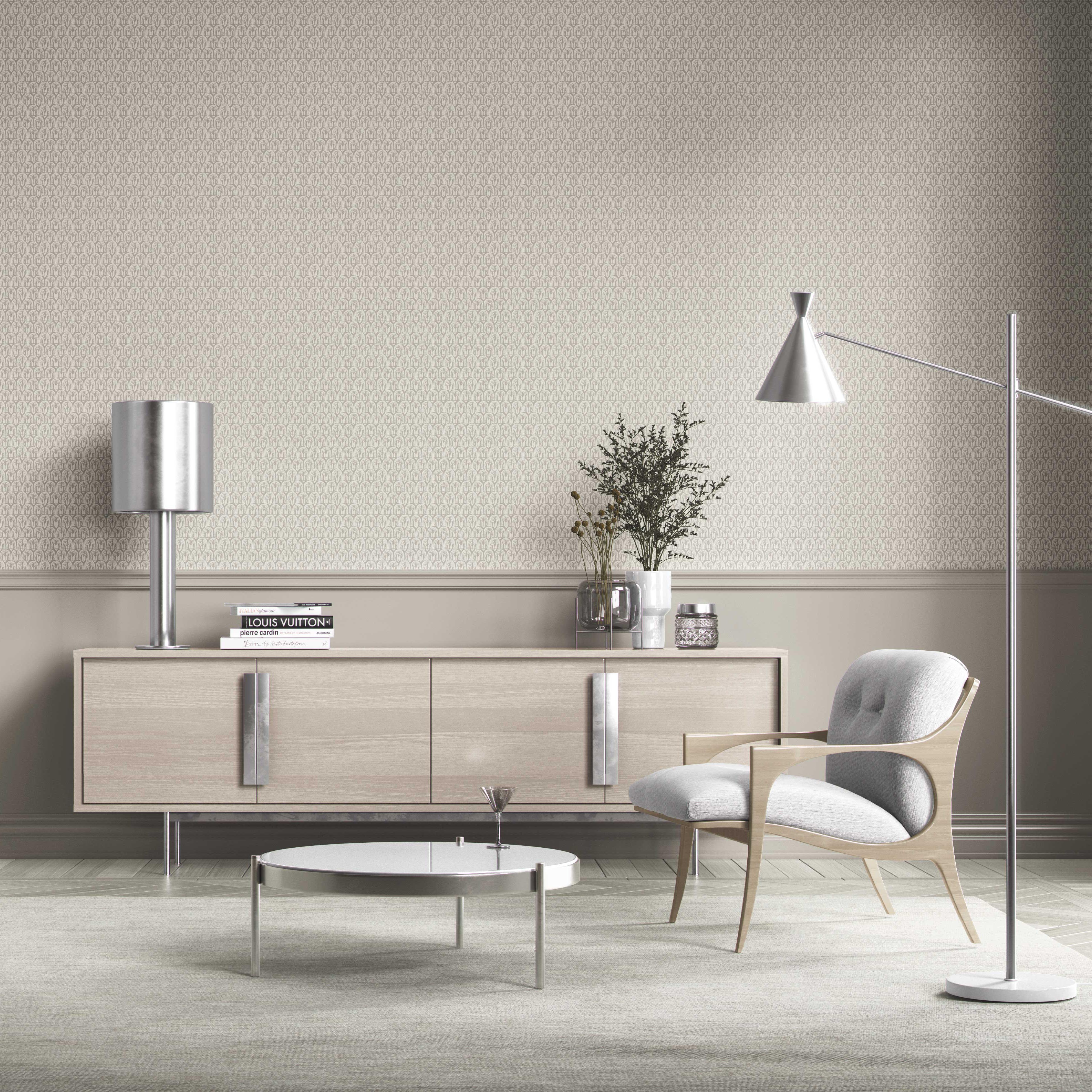 Neutral Geometric Scallops Floral Kitchen Wallpaper (Beige/ Greige)