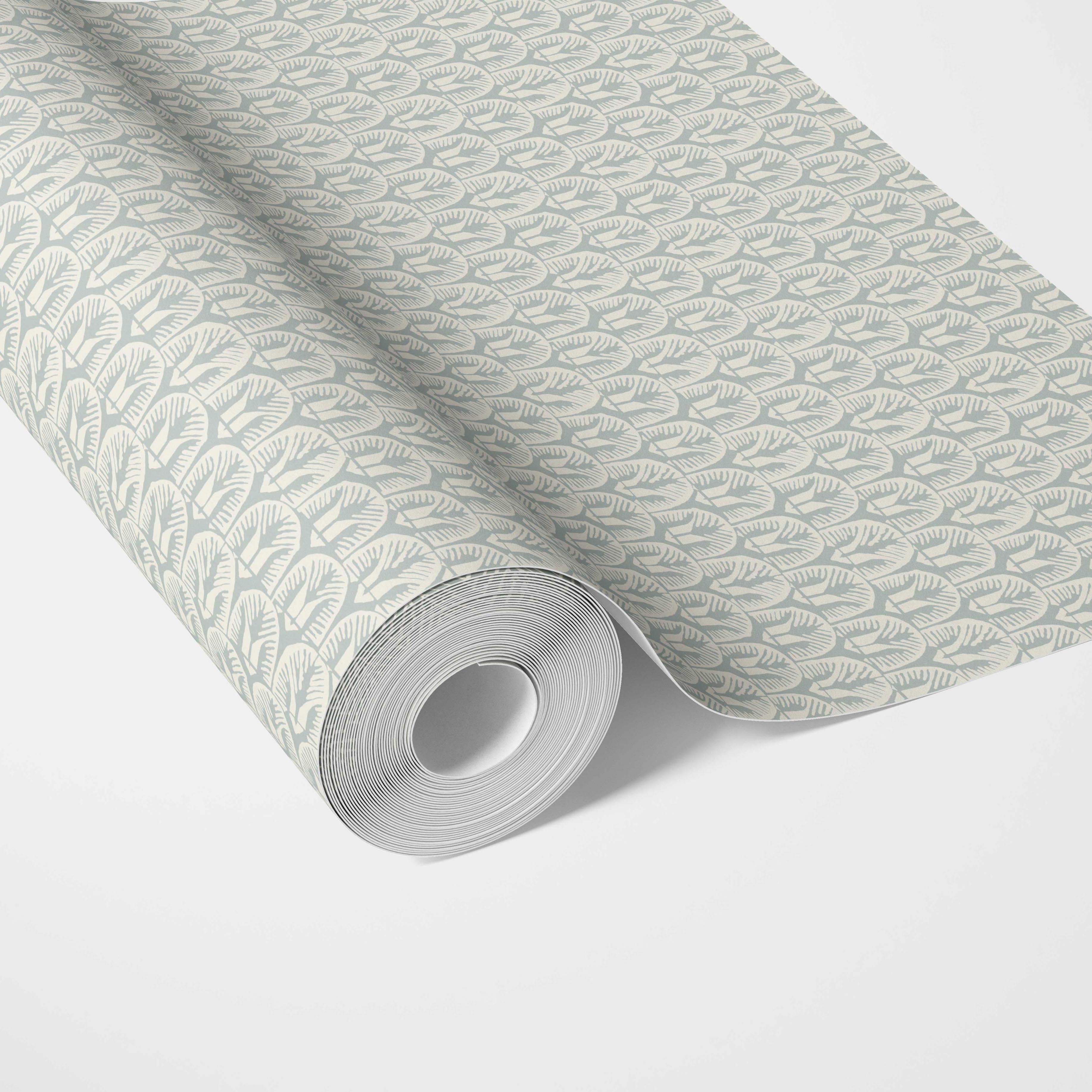Geometric Scallops Floral Traditional Wallpaper Sample (Duck Egg Blue/ White)