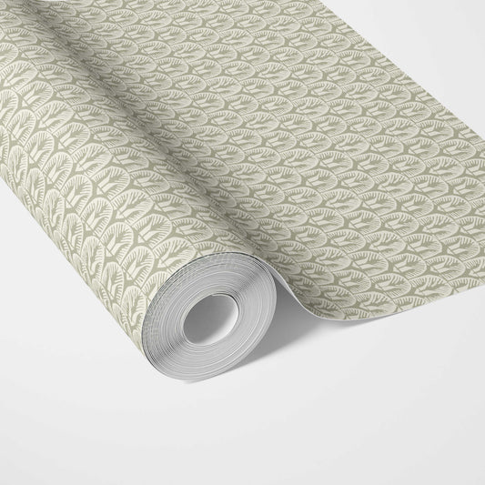 Geometric Scallops Floral Traditional Wallpaper (Olive Green/ White)