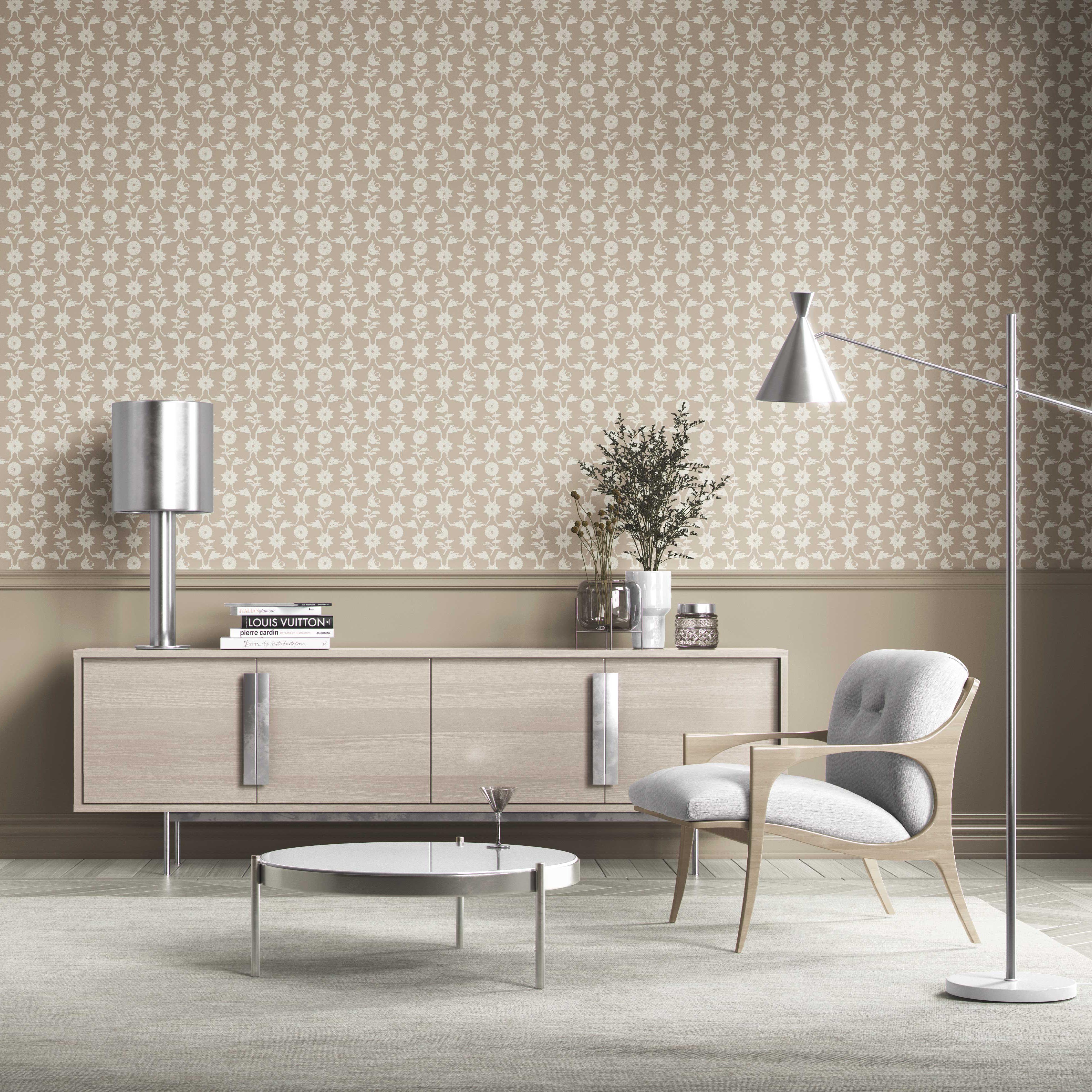 Neutral Toned Modern Floral/ Botanical Kitchen Wallpaper (Beige/ White)