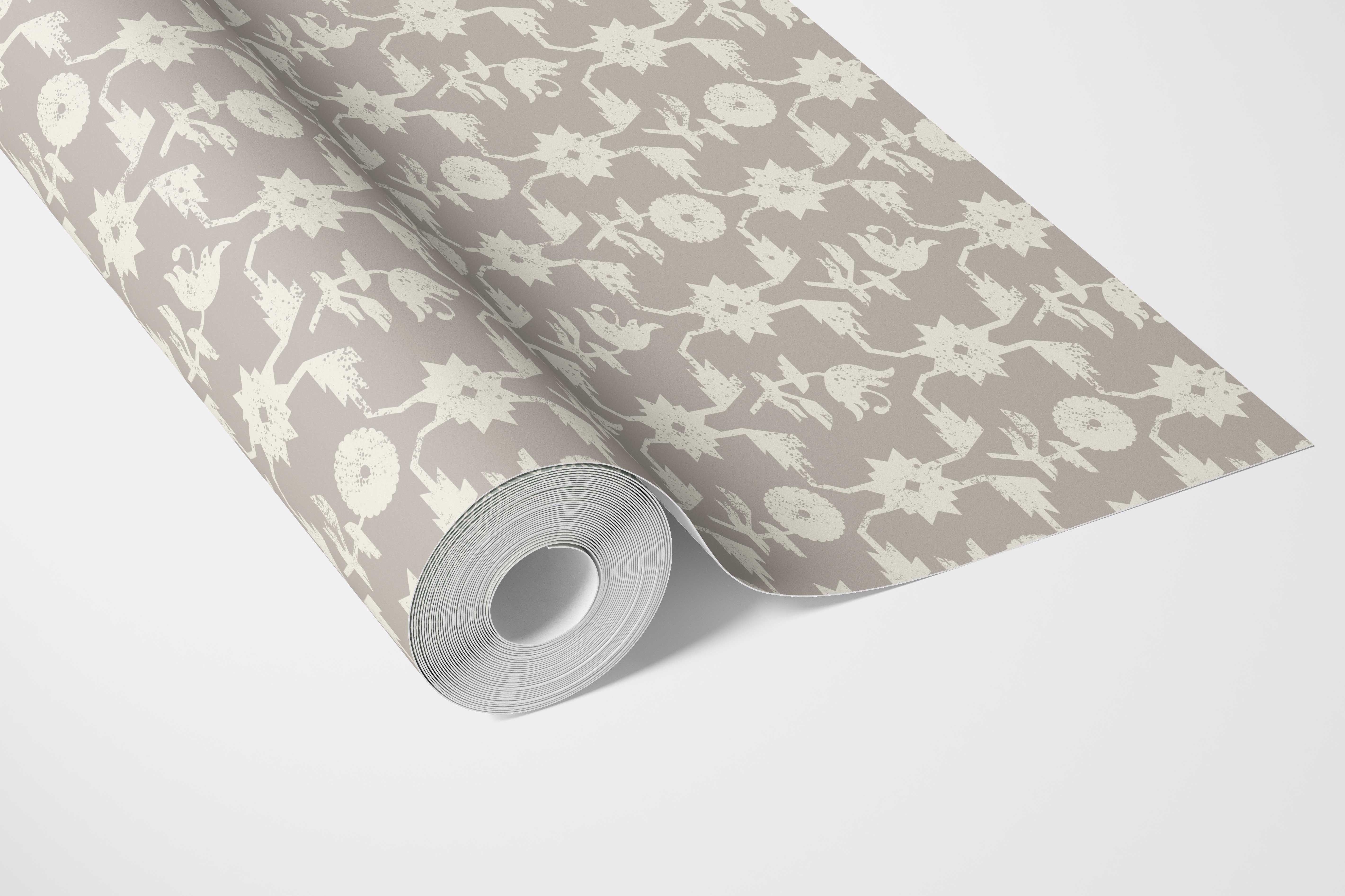 Neutral Toned Modern Floral/ Botanical Bathroom Wallpaper Sample (Gray/ Greige/ White)