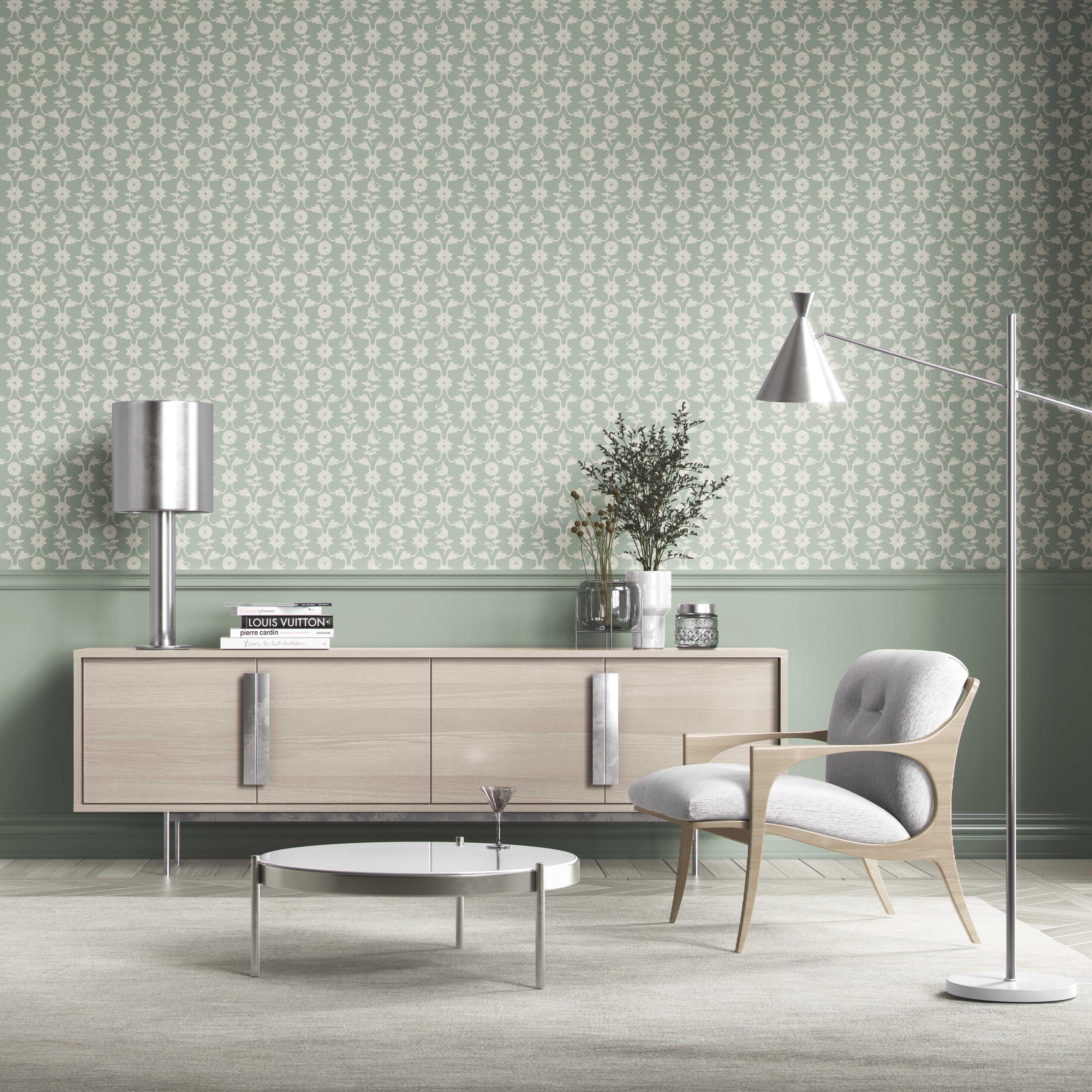Modern Floral Botanical Kitchen Wallpaper (Green/ White)