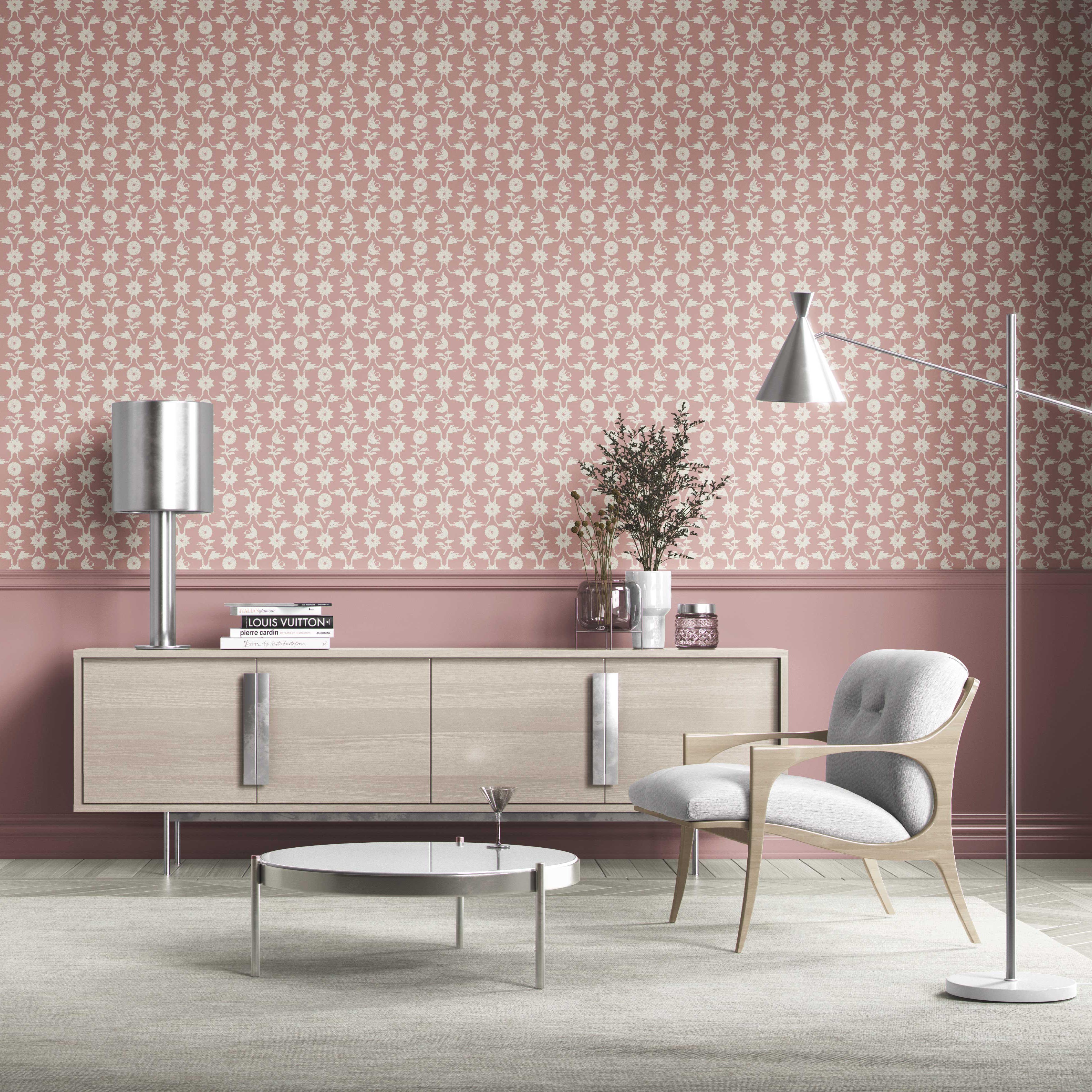 Modern Floral Botanical Kitchen Wallpaper (Pink/ White)